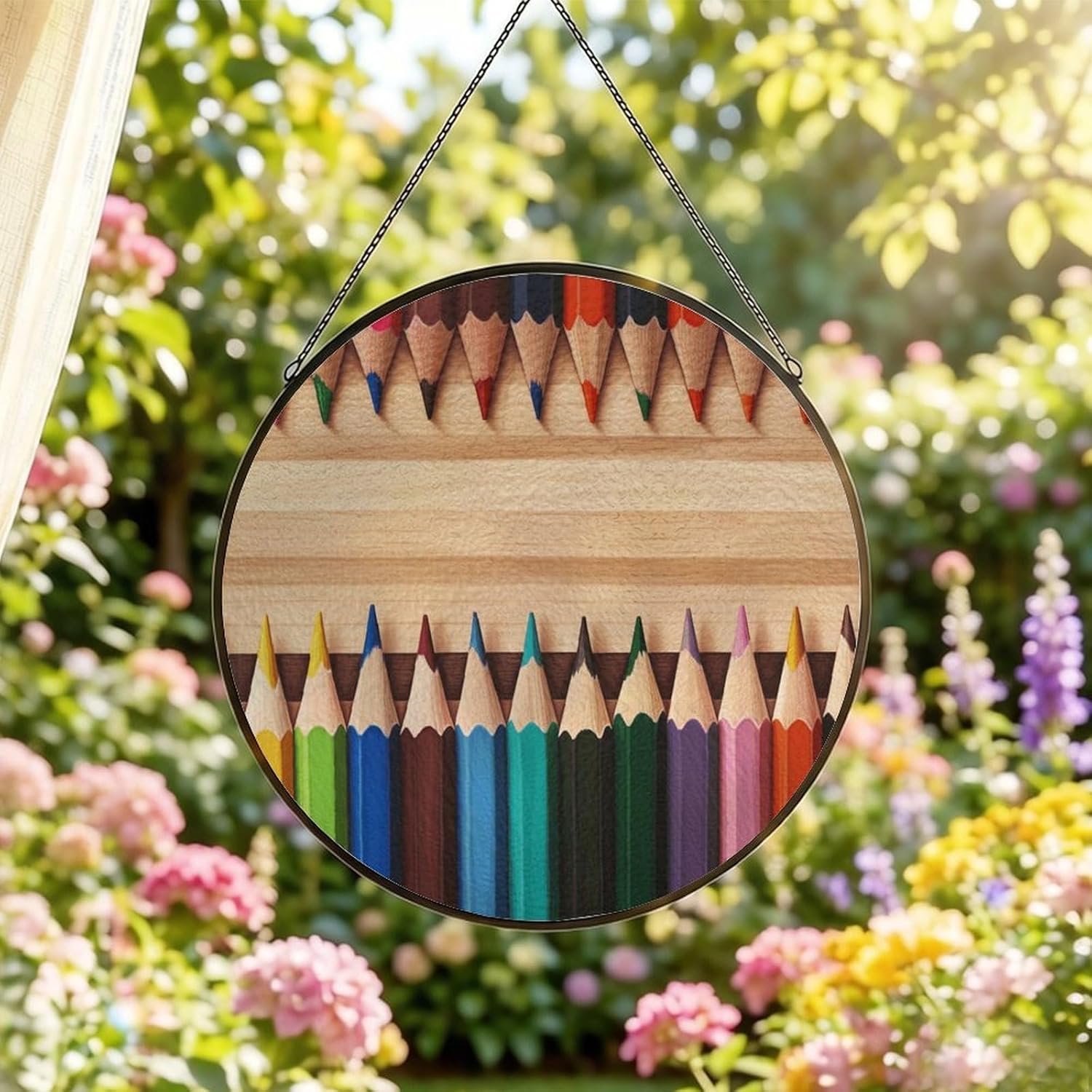 Stained Glass Window Hanging 30x30cm Window Suncatcher Glass Panel with Metal Chain Colored PencilsSun Catchers Wall Art Home Decor Gift for Women Mother's Day