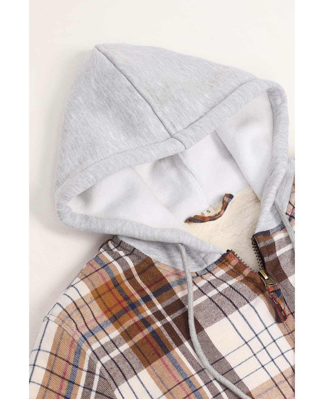 ZENTHACE Flanell-Hemdjacke mit Kapuze für Damen, Sherpa-Futter, durchgehender Reißverschluss, für Herbst und Winter, kariert