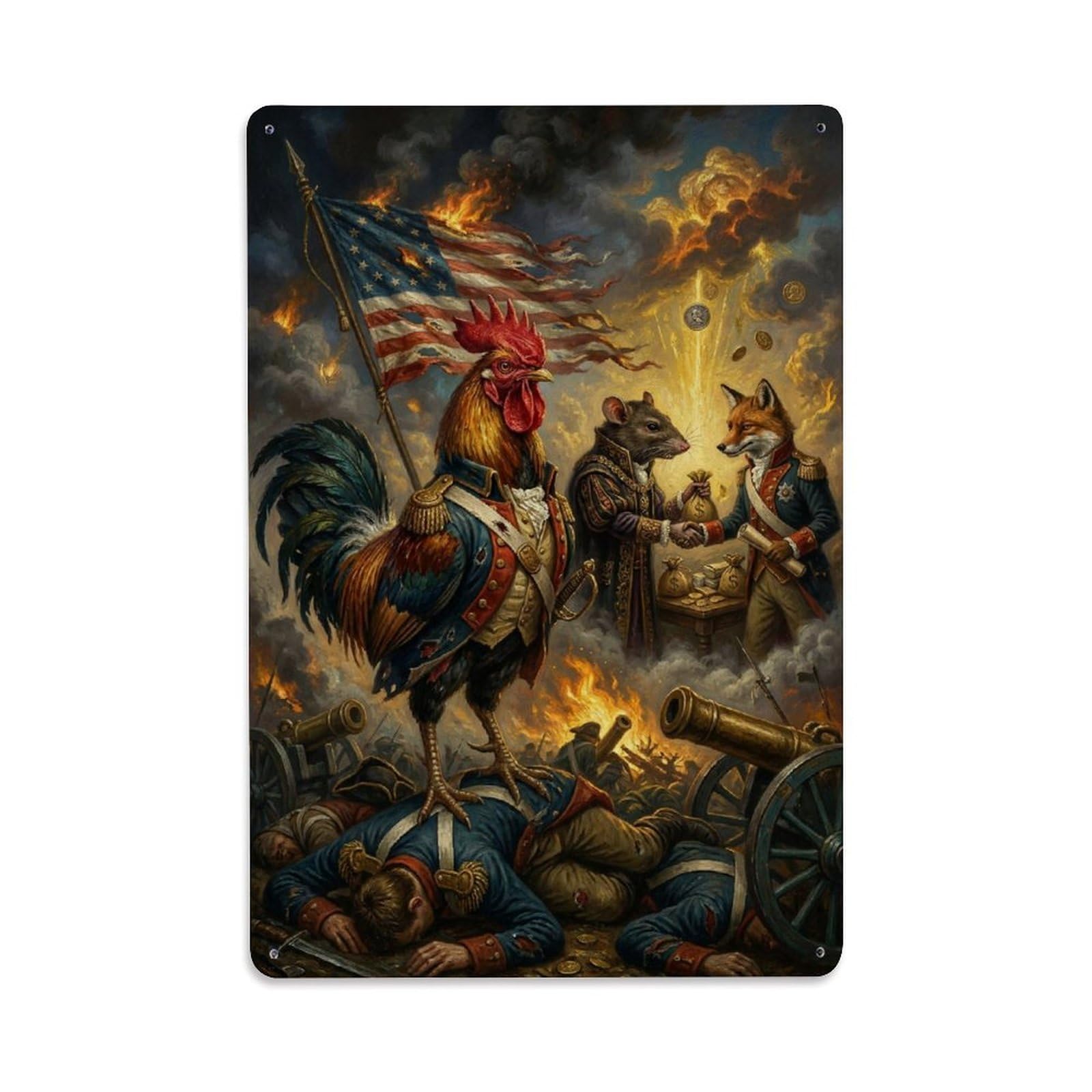 Rooster Revolution Battlefield Satire Surreal Vintage Animal Metal Tin Sign Plaque Wall Decor for Cafe, Man Cave, Club Bar, Office, Home Garden Round Metal Poster 8x12Inch