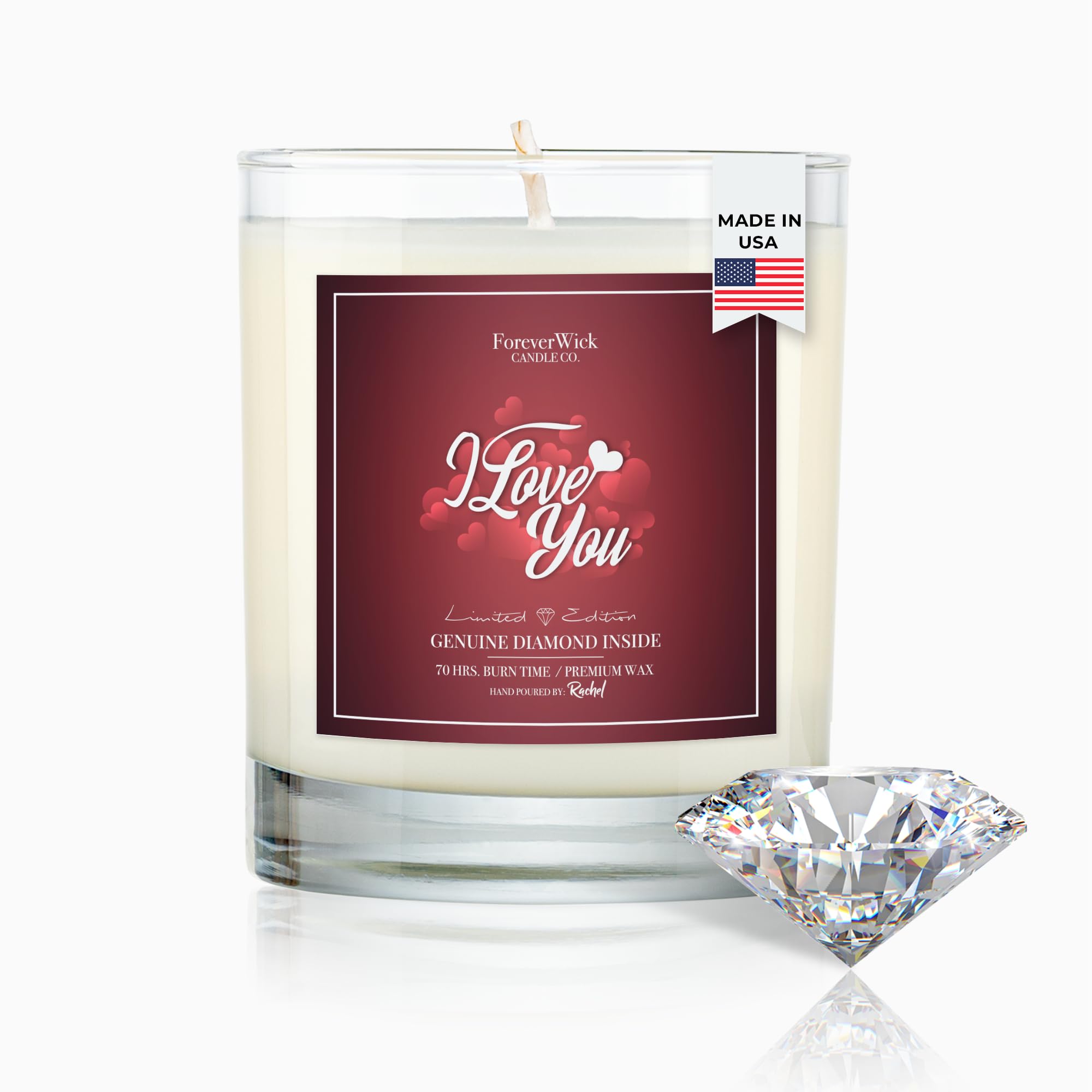 I love You Surprise Candle with Diamond Inside | Foreverwick Candles | Scented Soy Candles Gifts for Women Anniversary Candle Wax | Romance Candles All-Natural Organic Soy Candle 14oz | 70h
