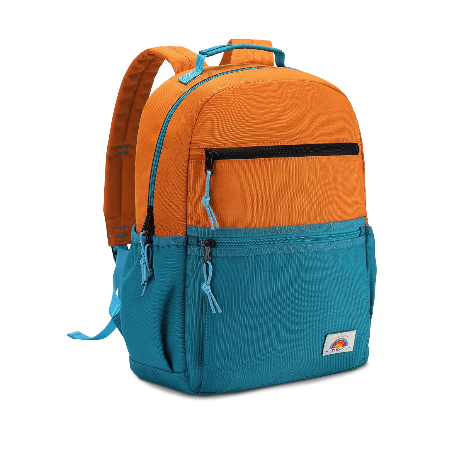 VASCHY Cartable Fille Garçon Primaire, Léger Sac à Dos Enfant 4 à 7 Ans pour Dossier A4 Multi-poches Résistant à l'Eau Bloc de Couleurs Sac d'École pour Scolaire Maternelle Voyage Vert Orange