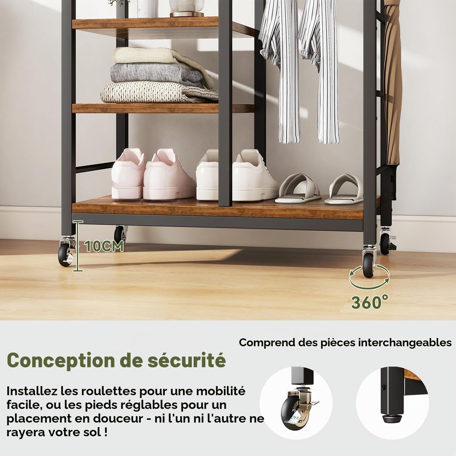 IBUYKE Portemanteau autonome avec 4 Roulettes Pivotantes à 360°, avec étagères et crochets, porte-manteau industriel pour entrée, couloir, chambre à coucher, Marron Rustique TMJ089H
