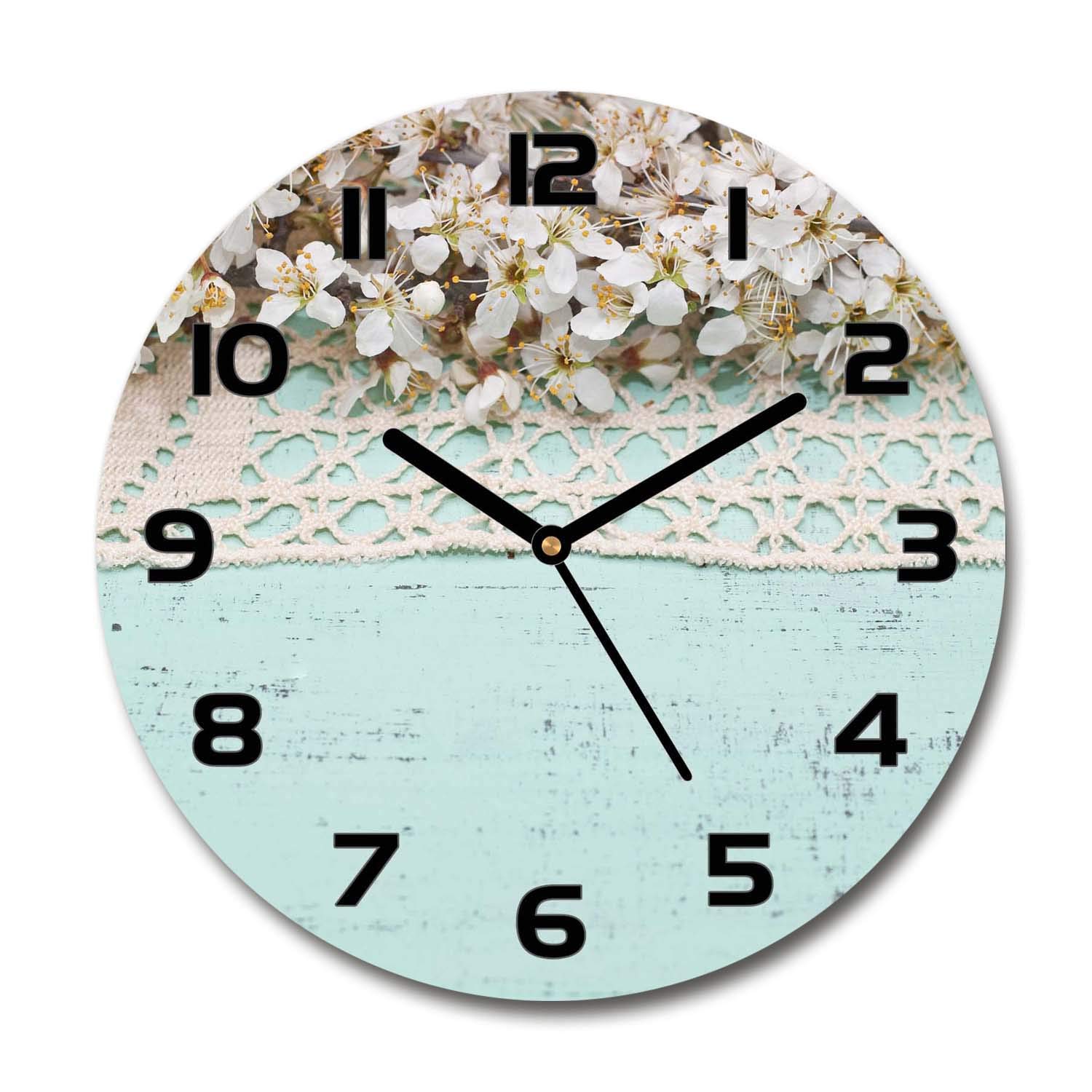Horloge en verre rond 30cm Tulup anti-tic-tac pour chambre et salon calme motif fleurs