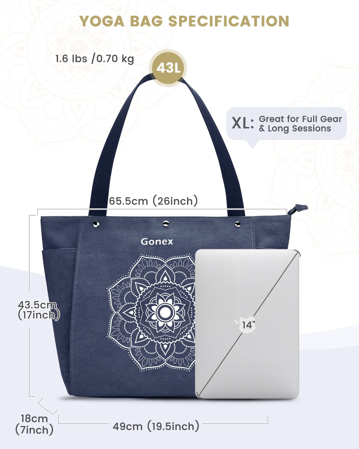 Gonex Sac de Yoga en Toile avec Poches Multiples pour Femmes et Hommes, Sac de Transport en Toile pour Sac Tapis de Yoga, Facile à Sortir et Ranger, pour Pilates, Voyage, Entraînement