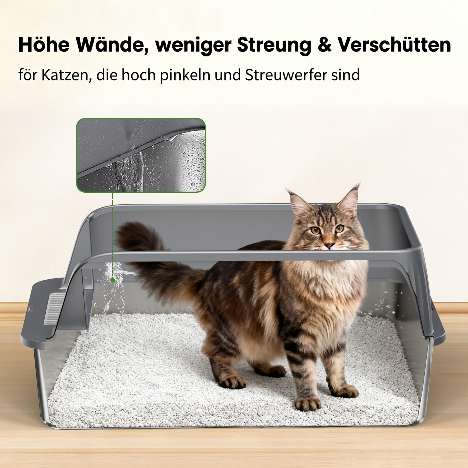 Edelstahl Offene Katzentoilette – extra große Katzentoilette mit hohen Seitenwänden für große Katzen, herausnehmbare Tiefe Wanne, inkl. Schaufel & Einstiegshilfe, Dunkelgrau, 2 Stück