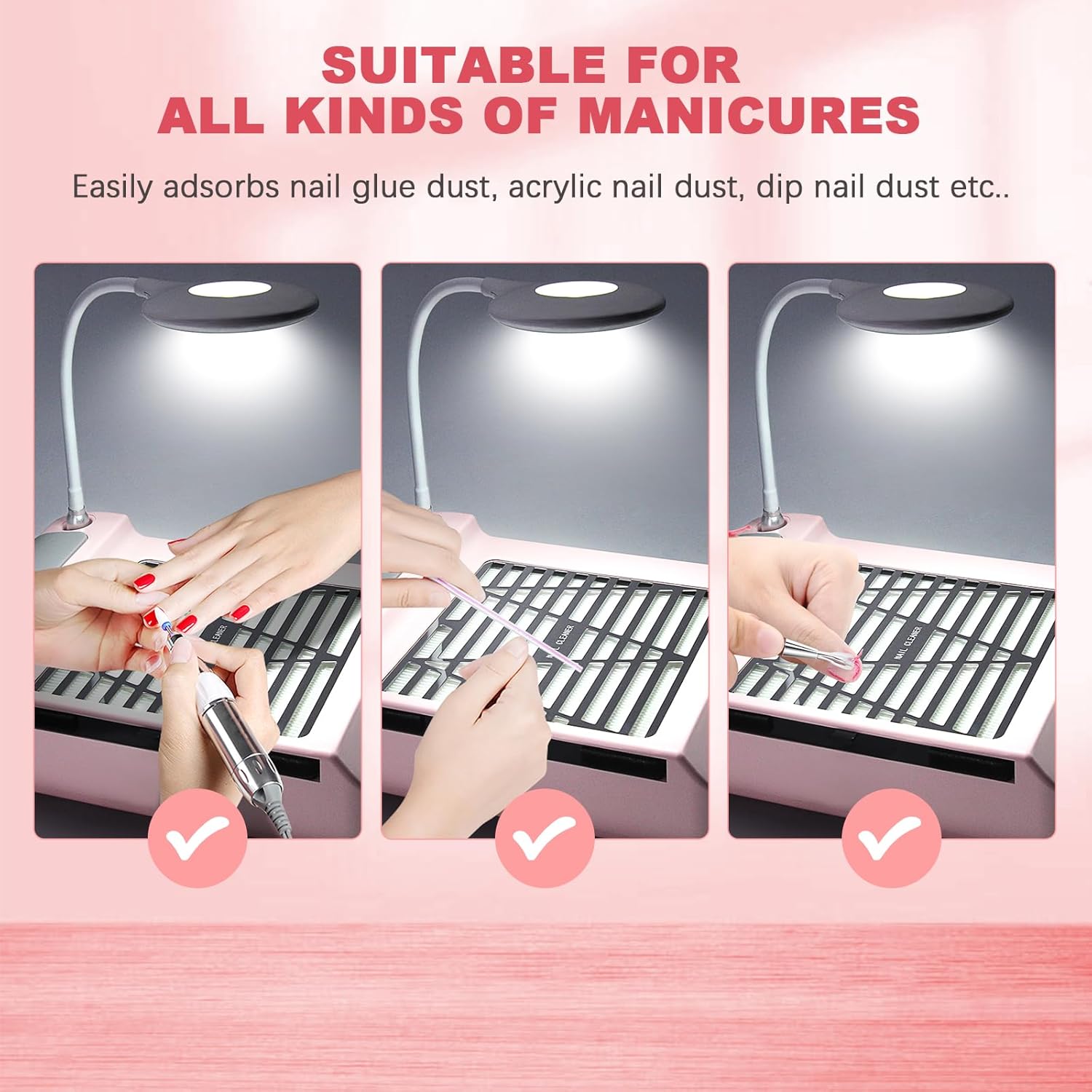 AONOLOVO Nail Dust Collector, Adjustable Suction, Professional Nail Fan Dust Collector with Light Manicure Dust Collector Nail Tech Vacuum Cleaner Machine for Acrylic Nails Removal, Pink