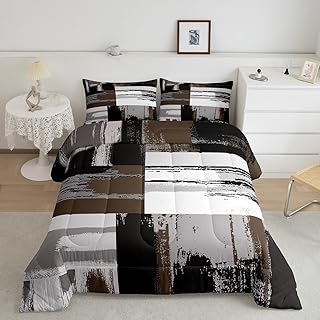 Feelyou Abstract Art Brown Grey Black White Comforter Set Queen Size Kids Geometric Comforter for Boys Teens Geometry Bedding Set Breathable Stripe Line Duvet Set Room Decor Quilt Set