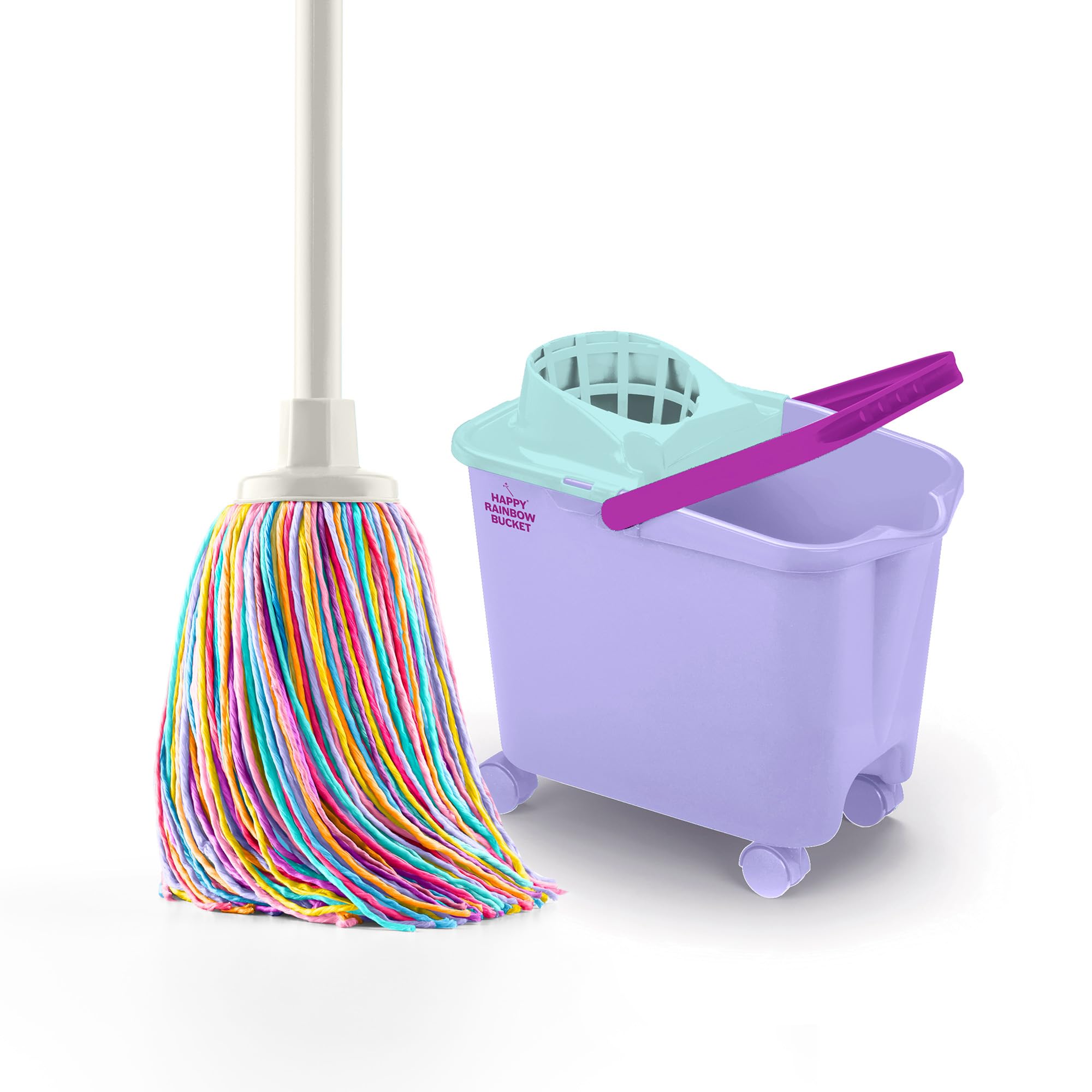 Happy Rainbow – Mop with 14L Drainer Bucket and Swivel Wheels Sustainable Cleaning Set with Recycled Microfibre, Ideal for Home and Floors