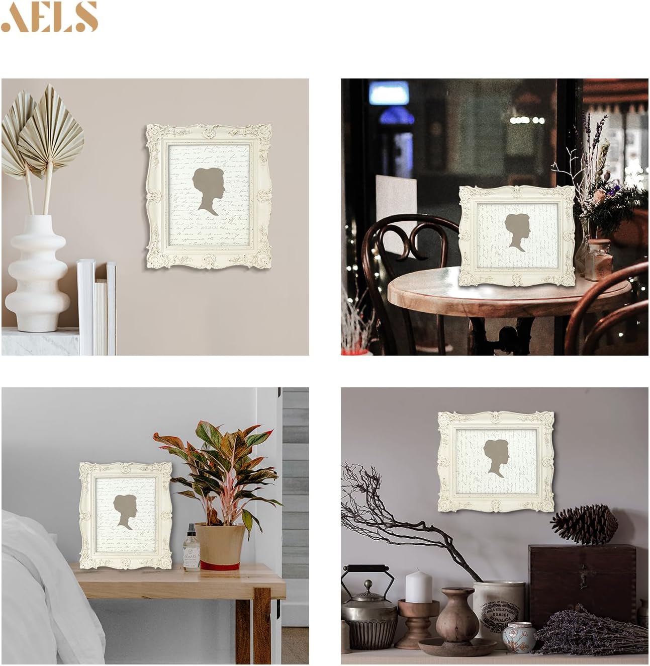 AELS 8x10 Inch Vintage Picture Frame, Elegant Antique Photo Frames with Glass Front, Photo Display, Tabletop Wall Hanging, Gift Ideas, Off-white Four-cornered Vine
