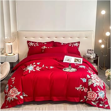 Luxury Chinese Style Peony Flowers Embroidery Egyptian Long Staple Cotton Bedding Set Duvet Cover Set Bed Sheet Pillowcases,Bedding