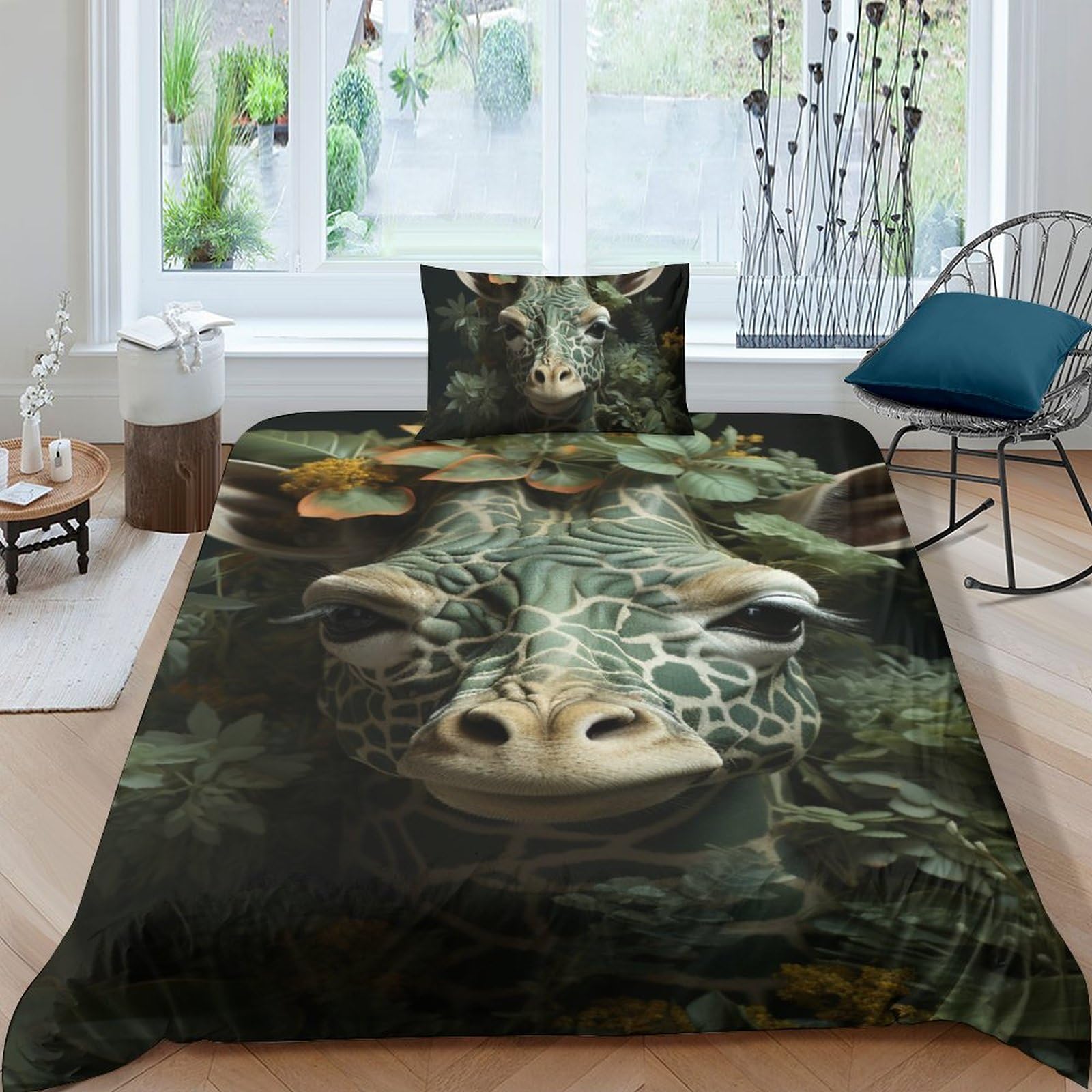 Parure de lit girafe 3 pièces avec housse de couette en microfibre et taies d'oreiller imprimées 3D