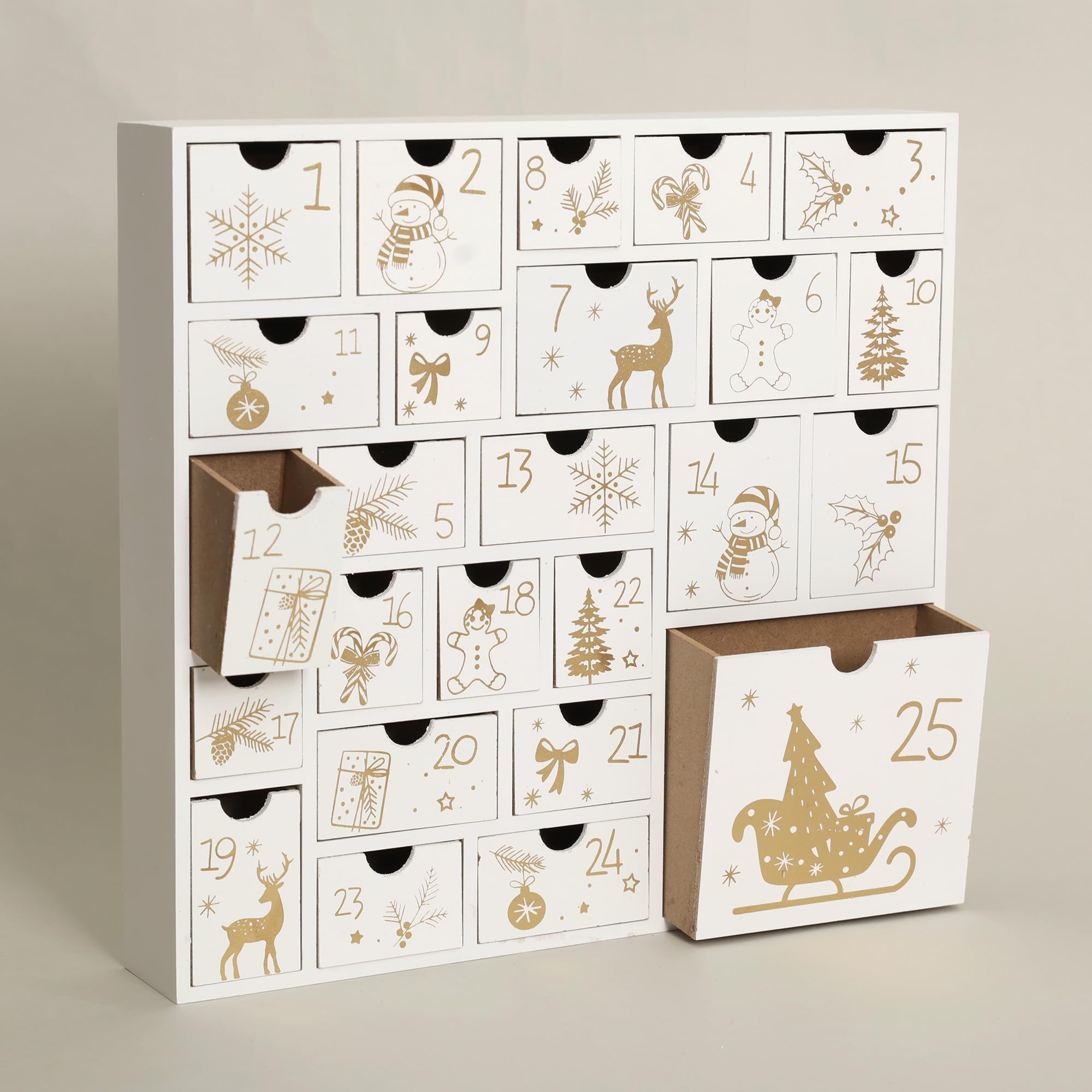 Weihnachts-Adventskalender aus Holz mit 25 großen Schubladen, Countdown bis Weihnachtsdekoration, große Größe, Xmas Countdown-Kalender 2024, handbemalt, nachfüllbar, Advent für