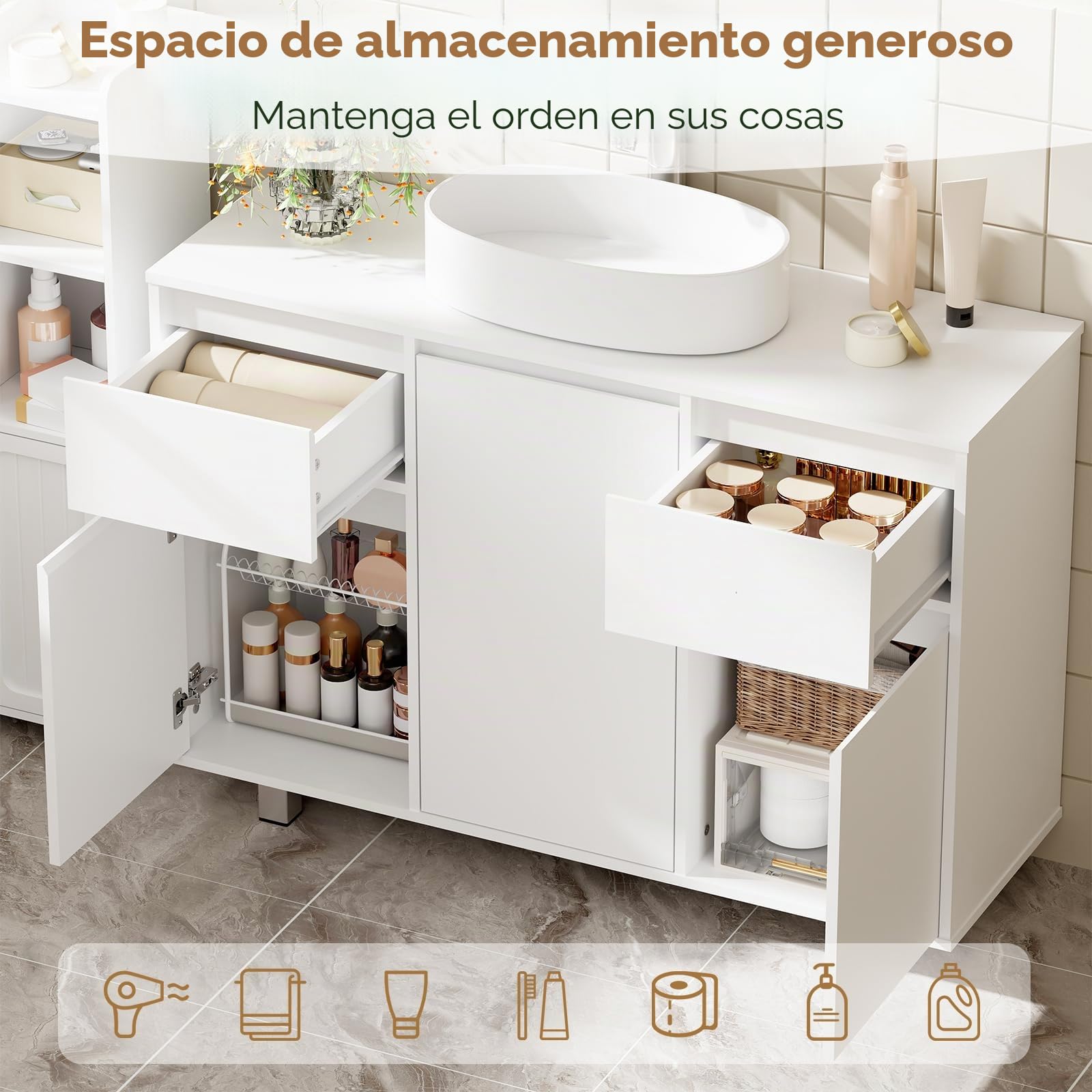 BEWISHOME Mueble Bajo Lavabo de Baño con Pies, Armario de Baño | 90 x 30 x 62.5 cm, Mueble Bajo Fregadero 2 Cajones, 3 Puertas, Gran Capacidad de Almacenamiento, Blanco, EYSG01W