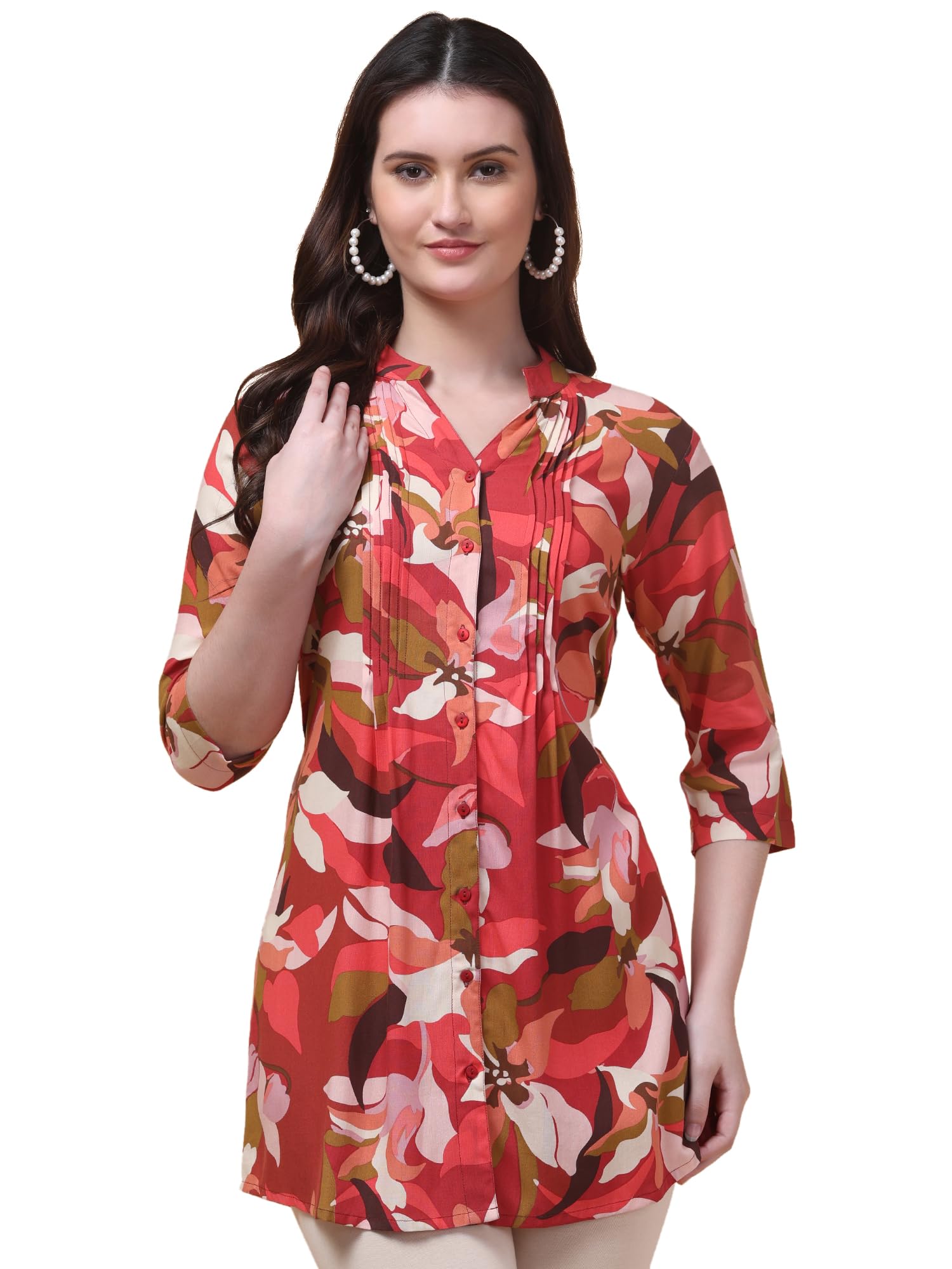 hive91 Women Tunic with Front Pleats 3/4 Sleeves, Mandarin Collar|| Summer Tunic for Women-picture-18