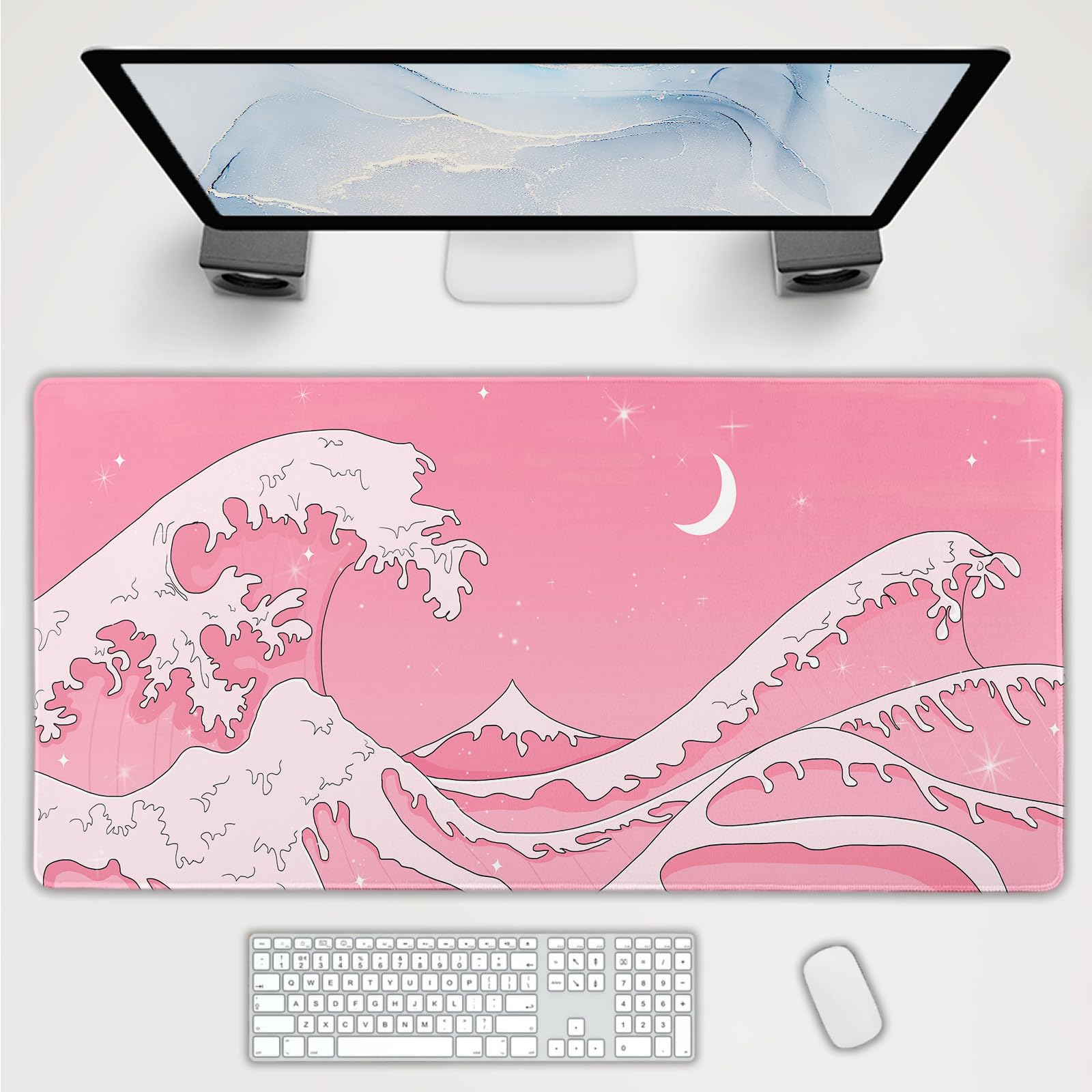 Pink Japanese Anime Gaming Mouse Pad XL Cute Kawaii Aesthetic Wave Extended Big Large Desk Mat Non-Slip Rubber Base Stitched Edge Long Keyboard Mousepad for PC Computer Laptop,40x20 in,100x50cm