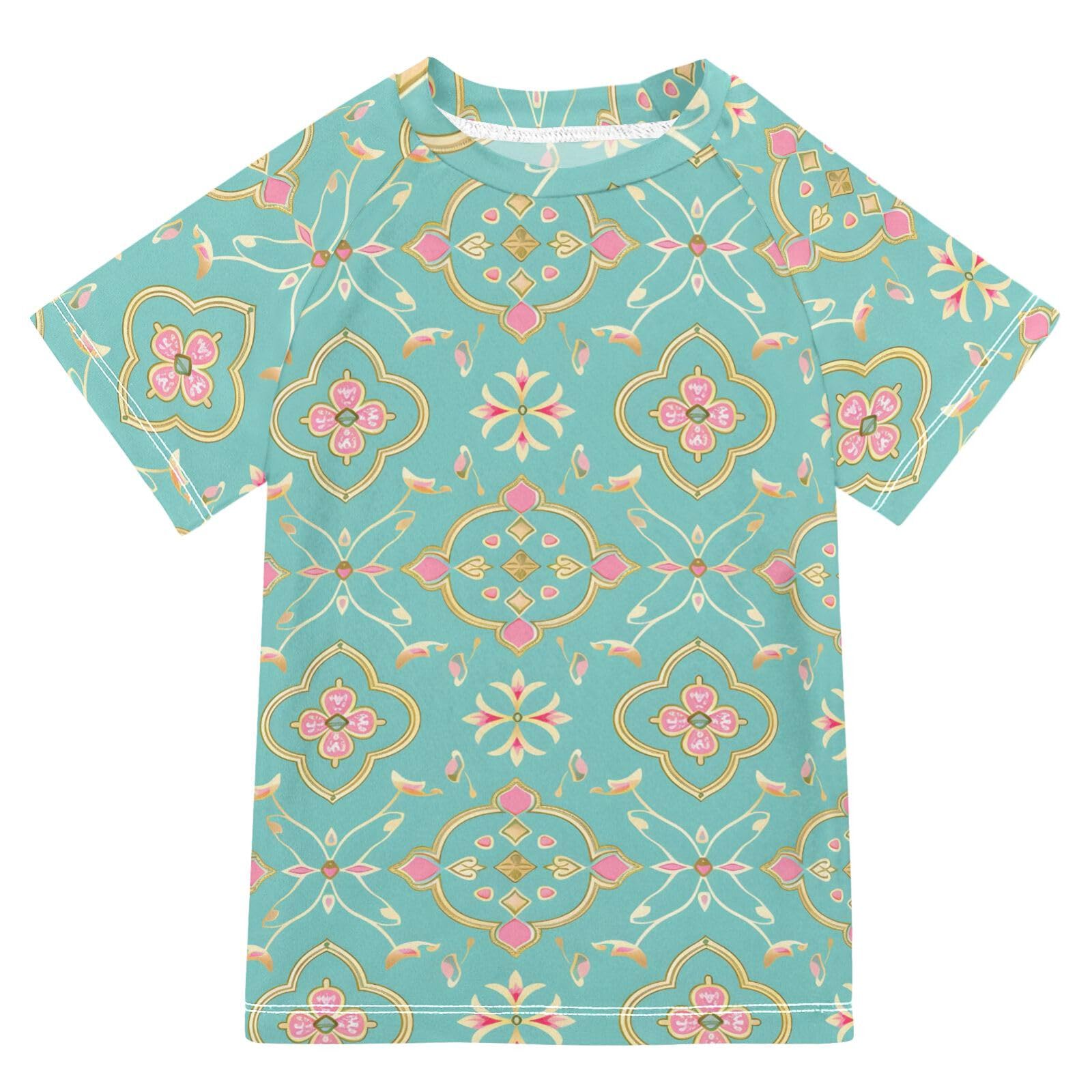 ALAZA Kids Rash Guard Boys Toddler Swim Shirts Short Sleeve Metallic Gold Flowers UPF 50+ 3T