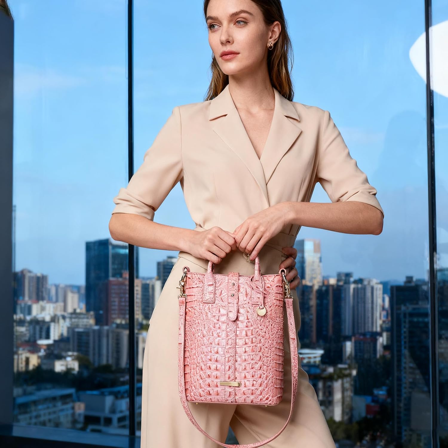 Elegant Women Crocodile Tote Bag Trendy Office & Work Purse Classic Leather Handbag with Shoulder Strap - Image 2