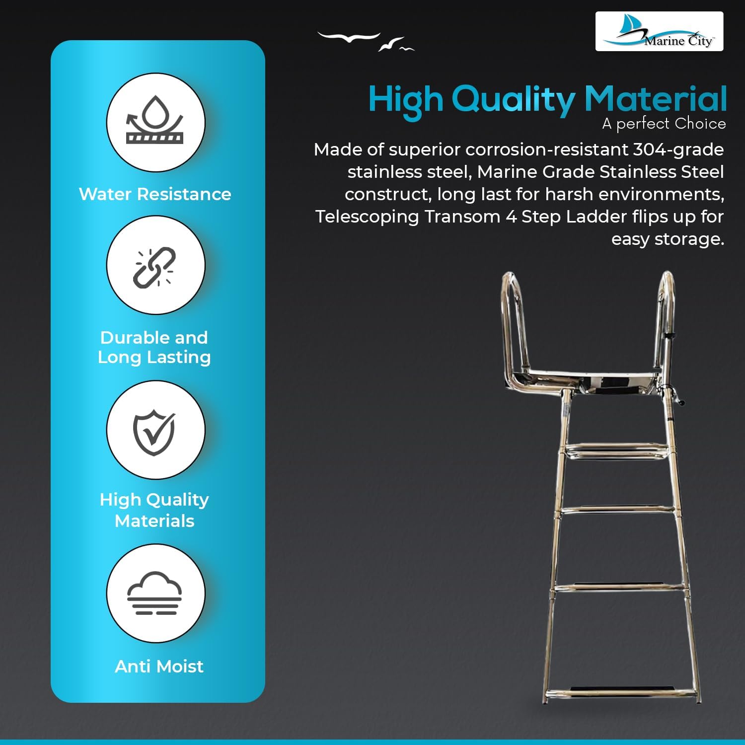 MARINE CITY 4-Step Telescoping Boat Ladder, 304 Grade Stainless Steel, Heavy Duty, Extra Wide Steps, for Transom Swim Decks, Marines, Boats, Ships, Yachts (Pack of 1)