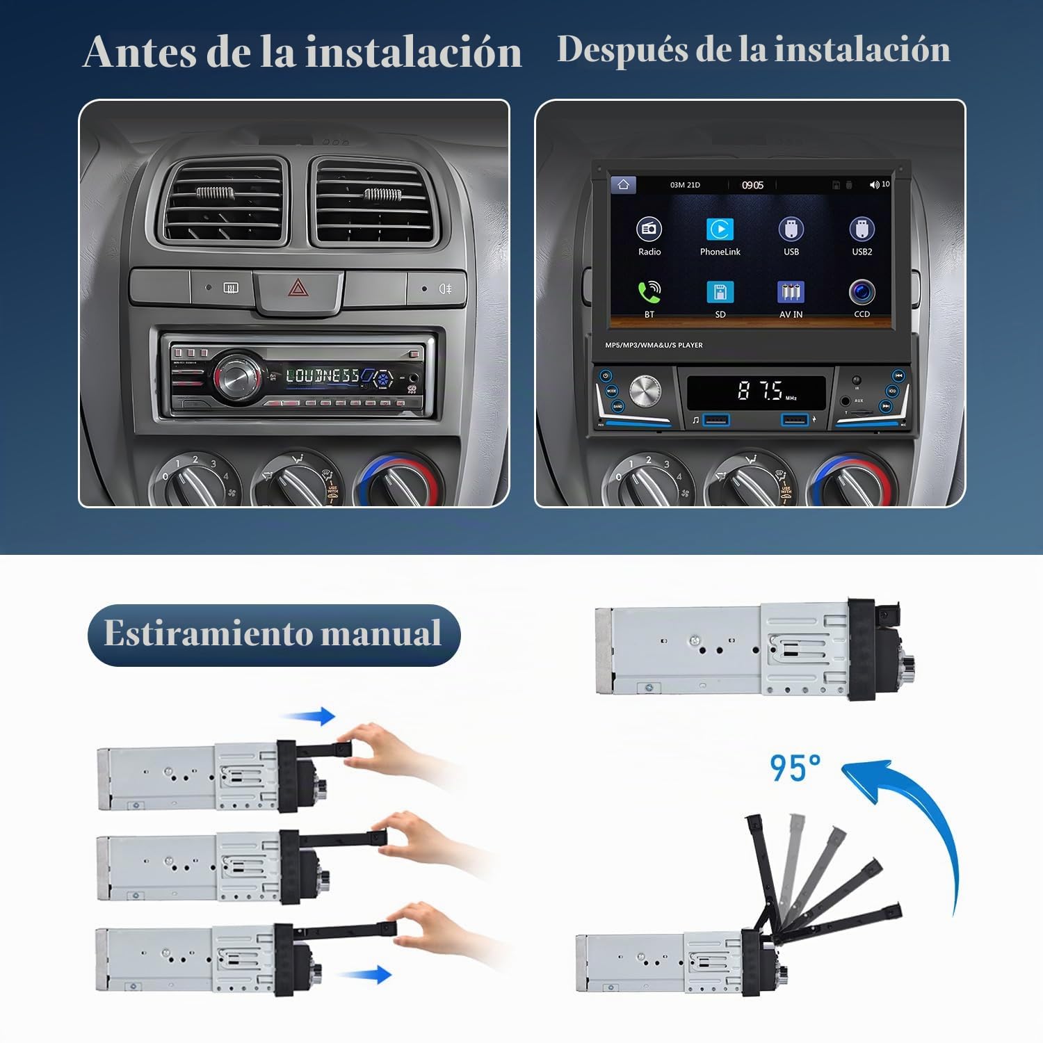 Hikity 7" 1 DIN CarPlay Radio Coche con Bluetooth FM Cámara Trasera | Pantalla Táctil Android Auto Wireless CarPlay EQ Control del Volante Manos Libres USB AUX Tarjeta TF