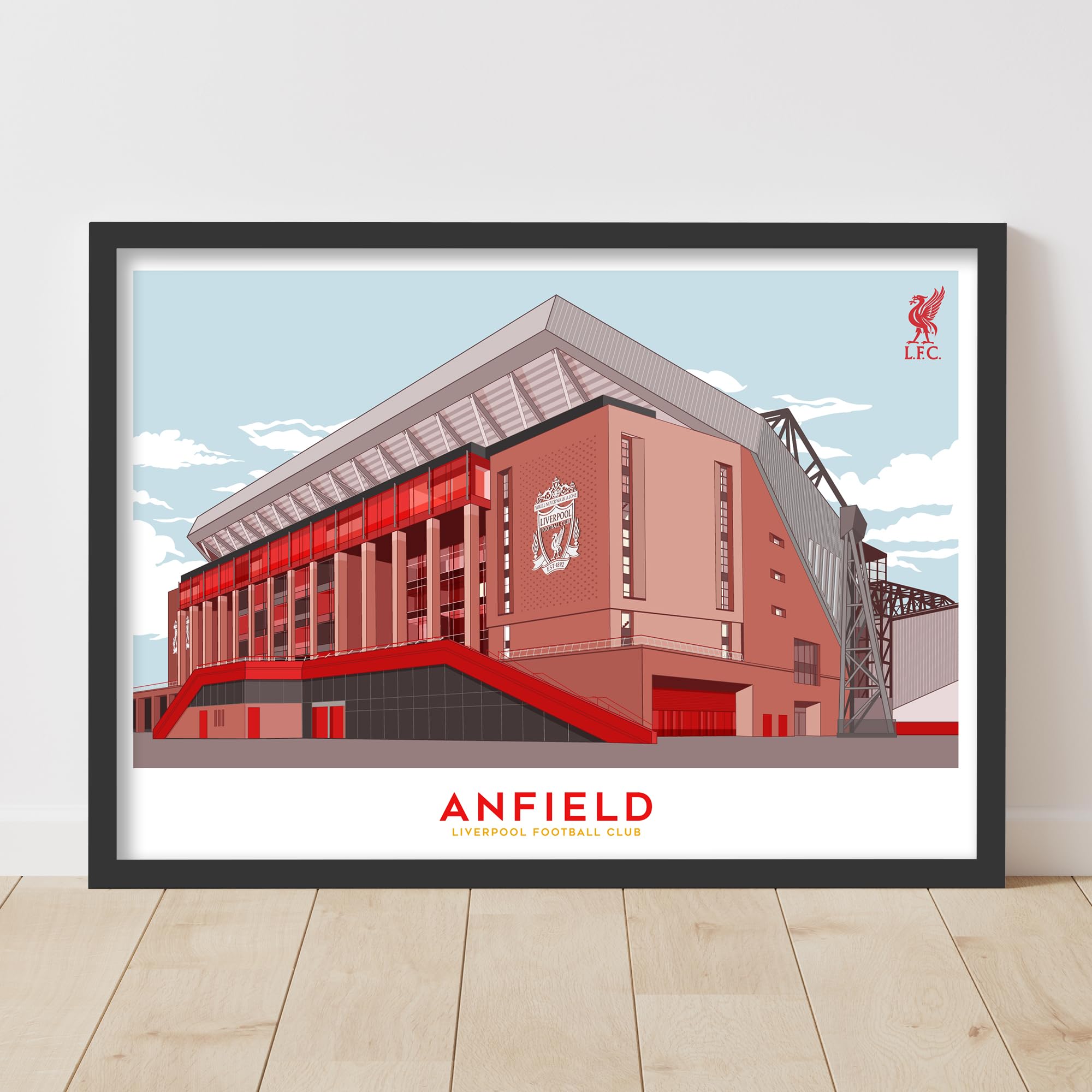 Themed Red Liverpool Fc Print - Anfield Illustration Outside Stadium Blue Sky Poster Lfc Football Art (29.7Cm X 42Cm - A3)