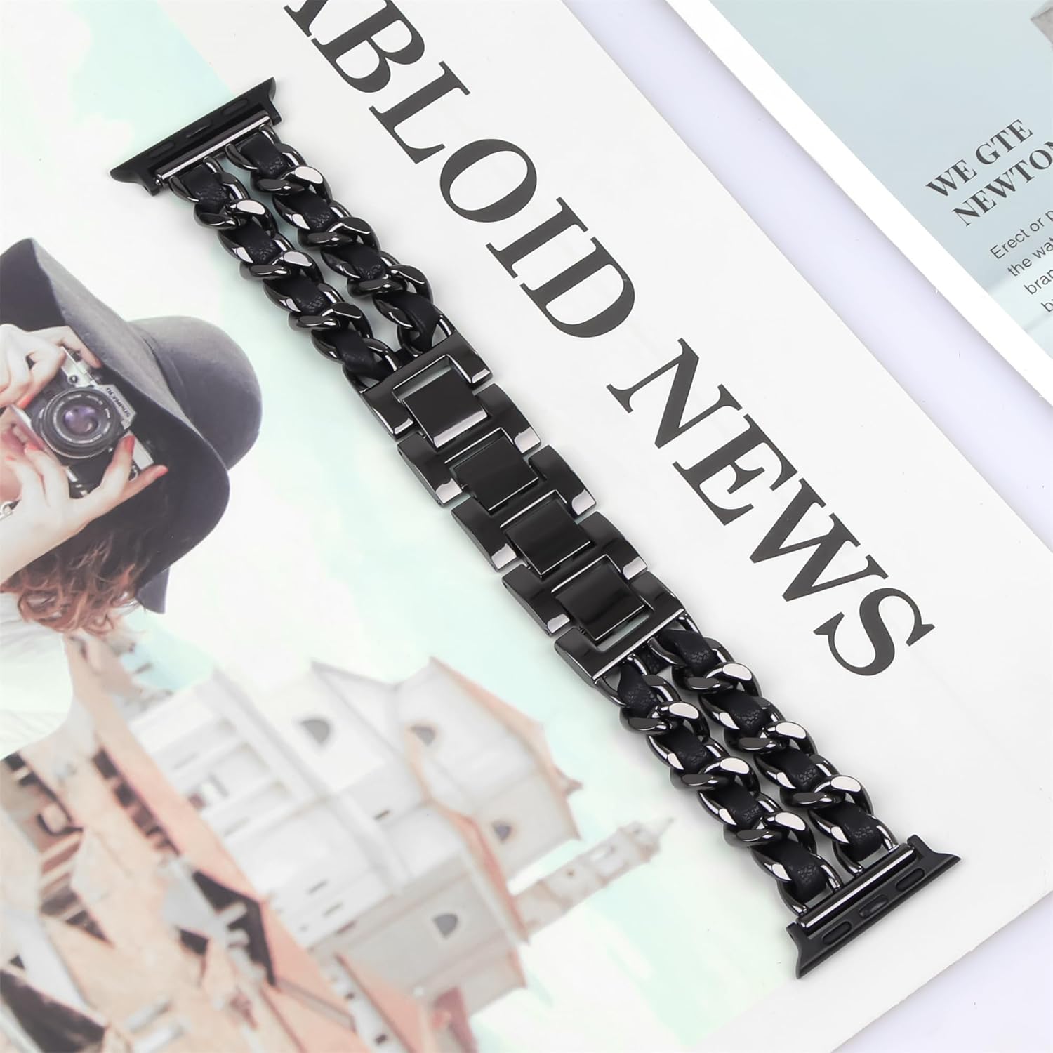 Compatible With Apple Watch Band for Woman 42mm 44mm 45mm 49mm, Metal Strap Leather Over Gold Chain Cowboy Style Replacement iWatch Series 9 8 7 6 5 4 3 2 1 SE (Black Link with Black Leather) - Image 7