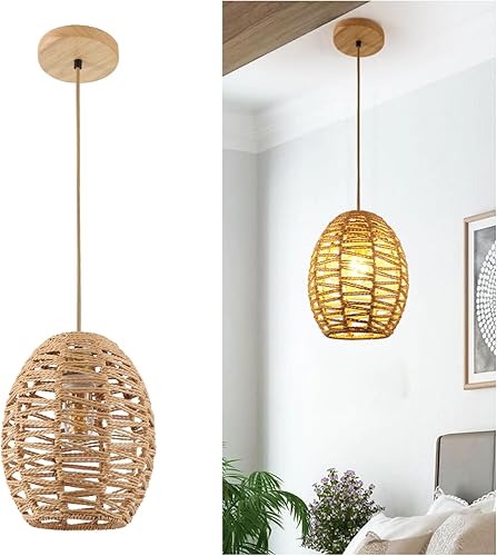 DELIPOP Lámpara colgante, araña de ratán tejida a mano, luces colgantes ajustables bohemias para sala de estar, comedor, cocina, dormitorio, granja