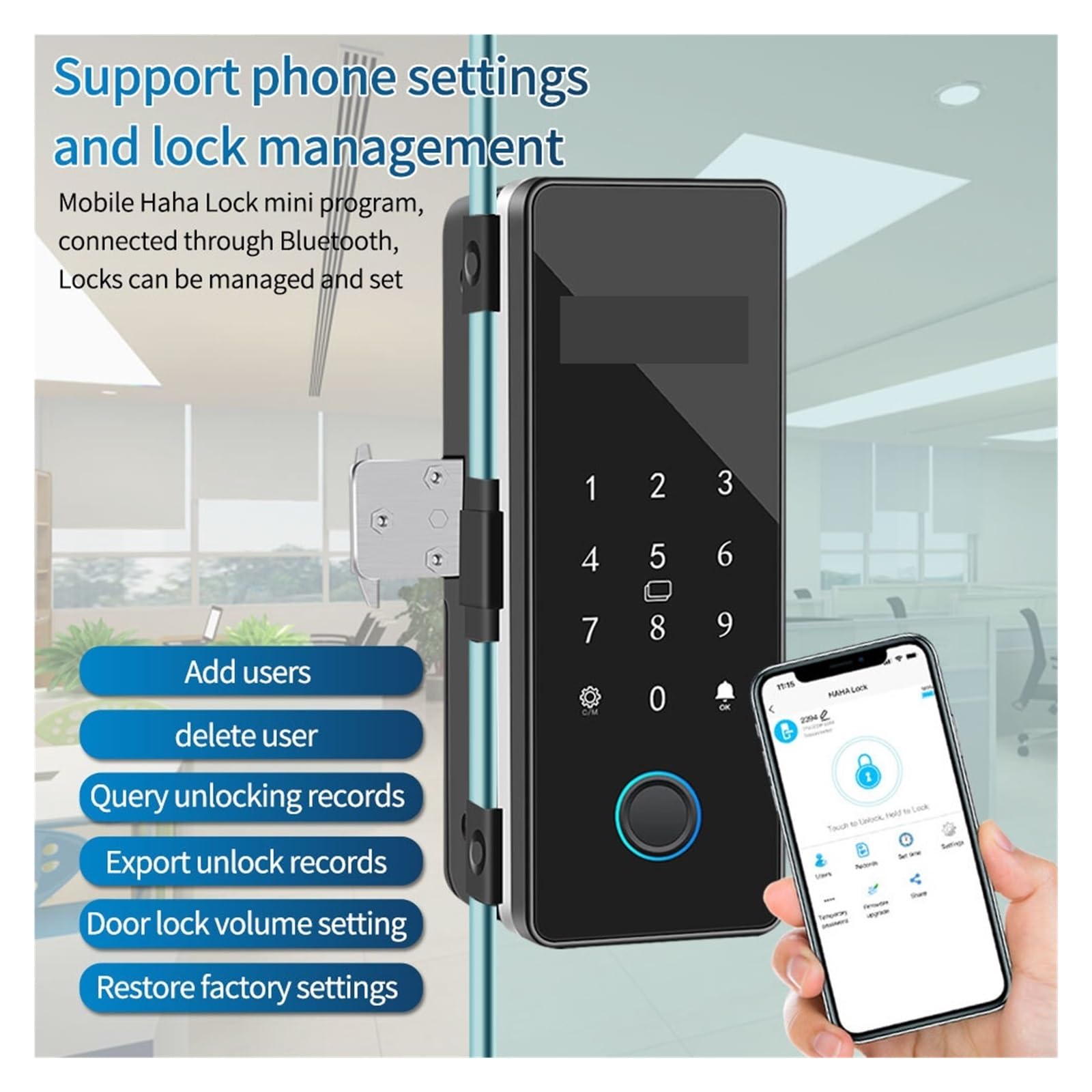 Inteligentna blokada, blokada linii papilarnych. Elektroniczny zamek cyfrowy czytnik linii papilarnych szklany zamek do drzwi Bluetooth HAHA-Lock App kod dostępu karta elektroniczna Keyless Smart Phon
