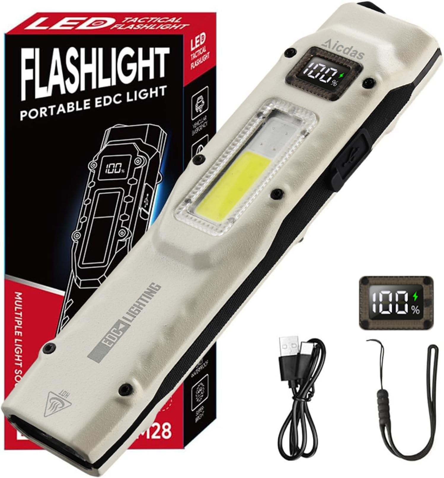 EDC Flashlight Strong【2025 New・Ultra Bright】Compact LED Light Military Strongest 13-Mode Dimming Digital Remaining Display Multi-Function COB Work Light White・Yellow Light Source Type-C