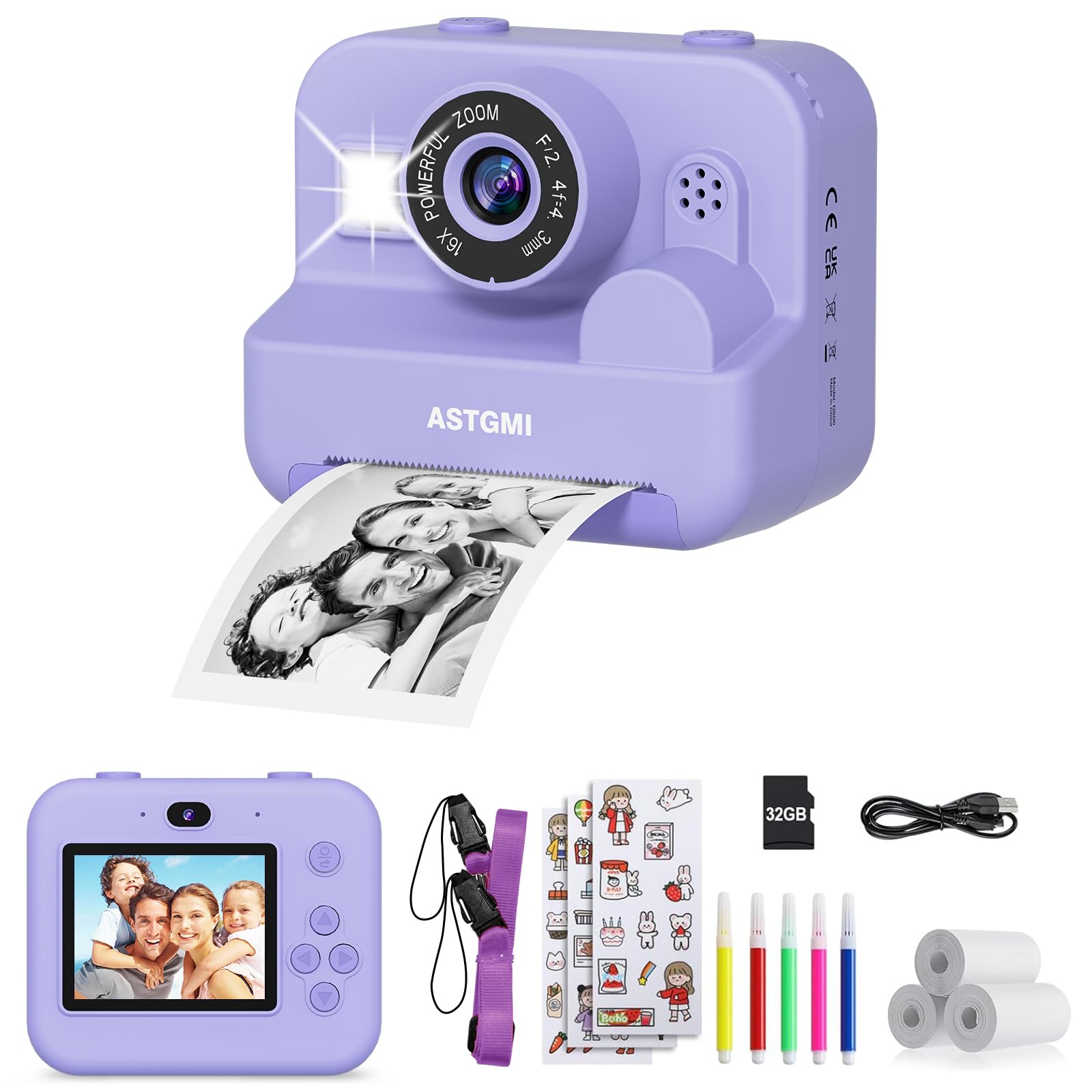ASTGMI Aparat błyskawiczny 2,4", ekran do aparatu dziecięcego z papierem do drukowania i kartą 32 GB, tryb selfie i wideo, prezent dla dzieci, chłopców, dziewcząt w wieku 3-14 lat (fioletowy)