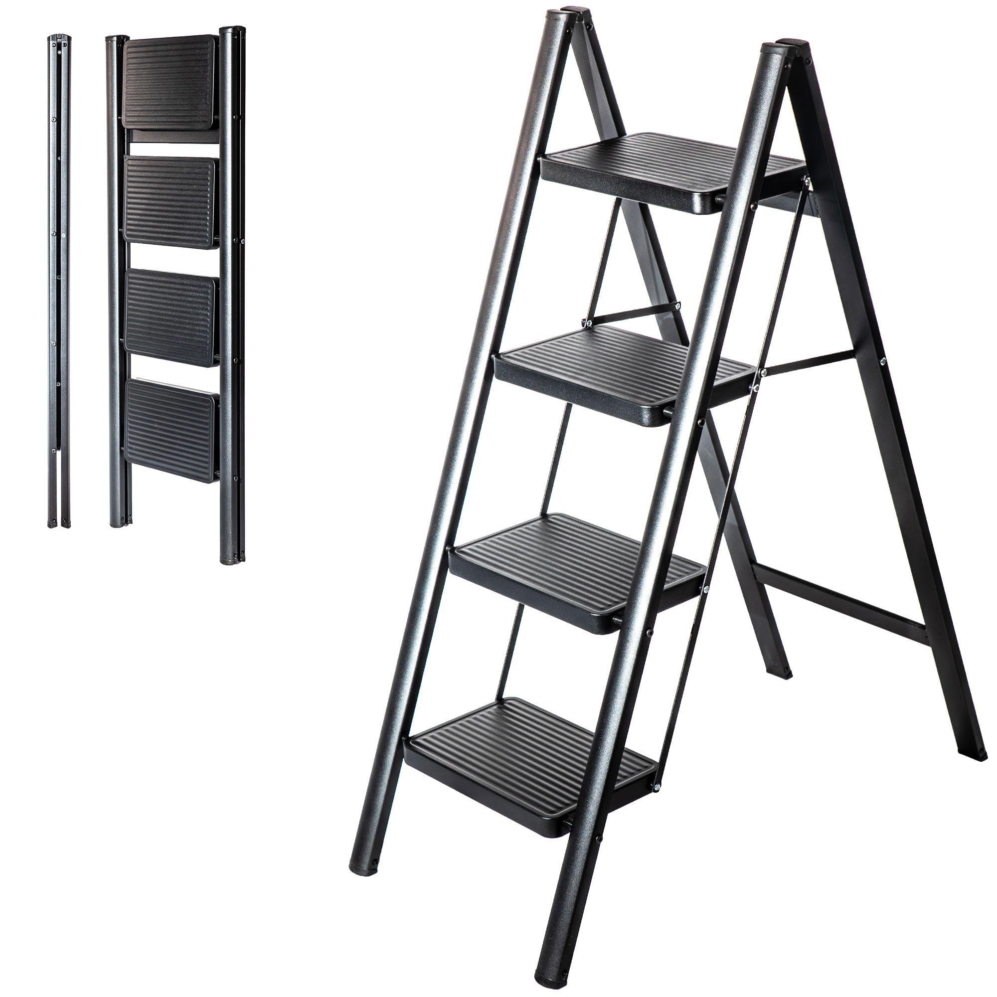 HOSTRÖM Escalera 4 peldaños FOLDPACT4, Taburete Plegable, Diseño ultracompacto, Peldaños Anchos 17,5 cm, Acero, Estante Temporal, Garantía 5 años.