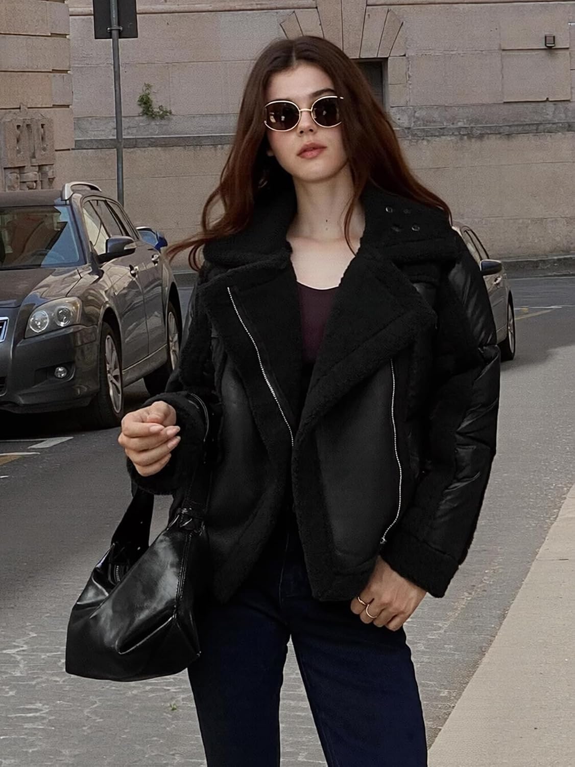 Women's Down Jacket with Faux Leather Thick Warm Winter Casual Fleece Lapel Outwear Zipper Pocket Coat