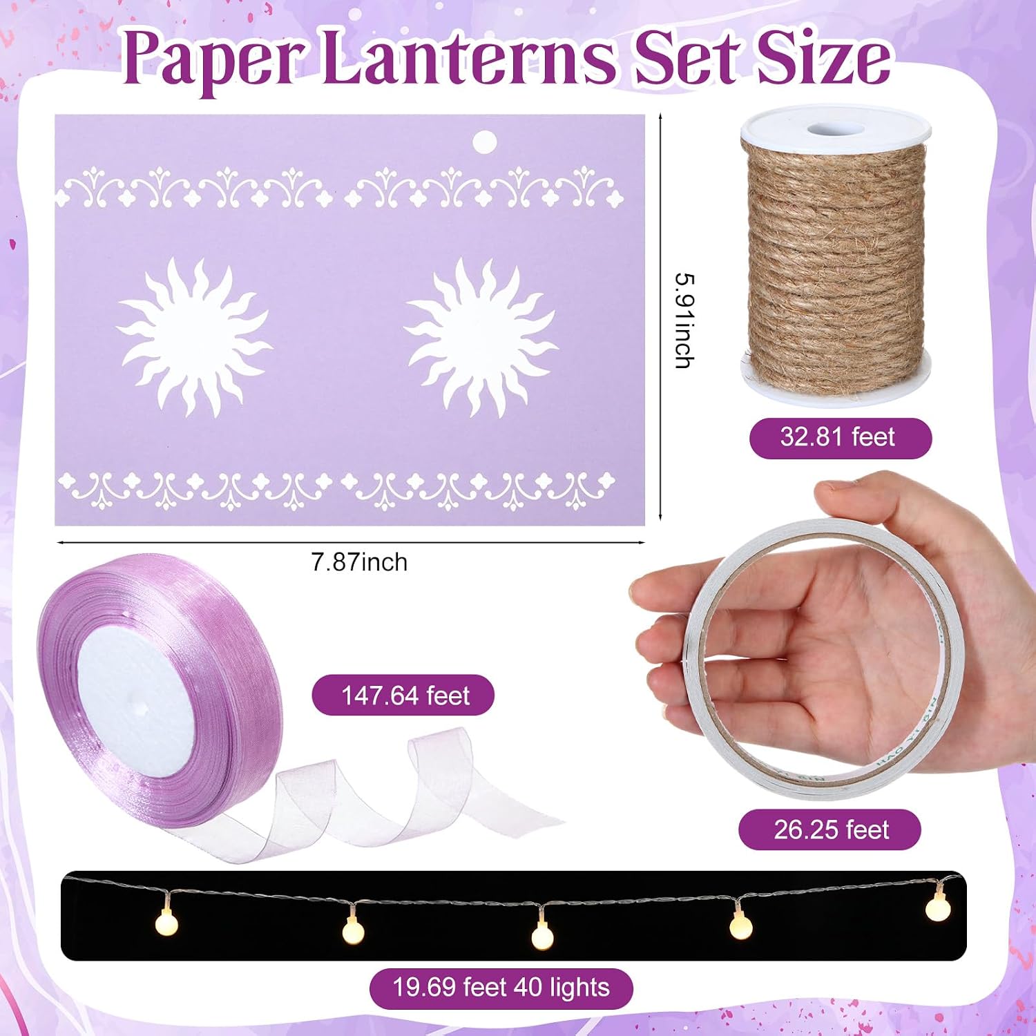 20 Pack Princess Sun Hanging Lanterns with LED Light Purple Princess Hanging Paper Lanterns DIY Set Sun Cutout Square Round Decorations for Photo Props Birthday Party(Purple)