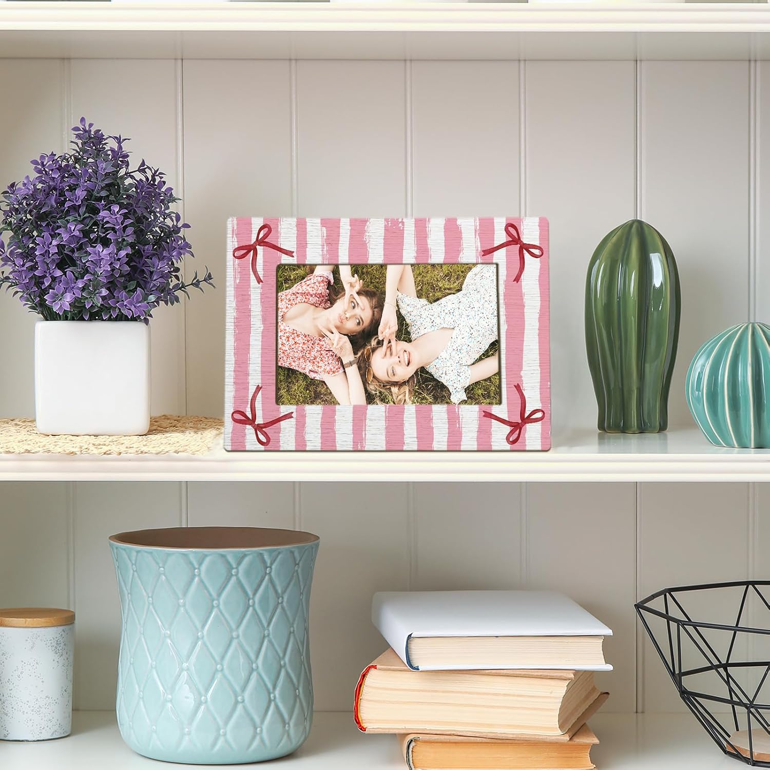 Pink Striped Bow Picture Frame 4x6, Preppy Girly Photo Frame Birthday Gifts for Women Girls Besties, Besties Friends Picture Photo Frames for Girls Room Desk Decor image 4
