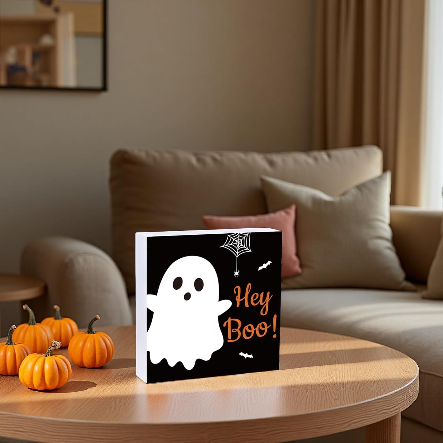 Halloween Decorations Indoor Home Room Cute Boo Ghost Table Decor Wood Box Sign Rustic Wooden Shelf Office Desk Season Sign House Warming Gifts 5.9 x 5.9 Inch