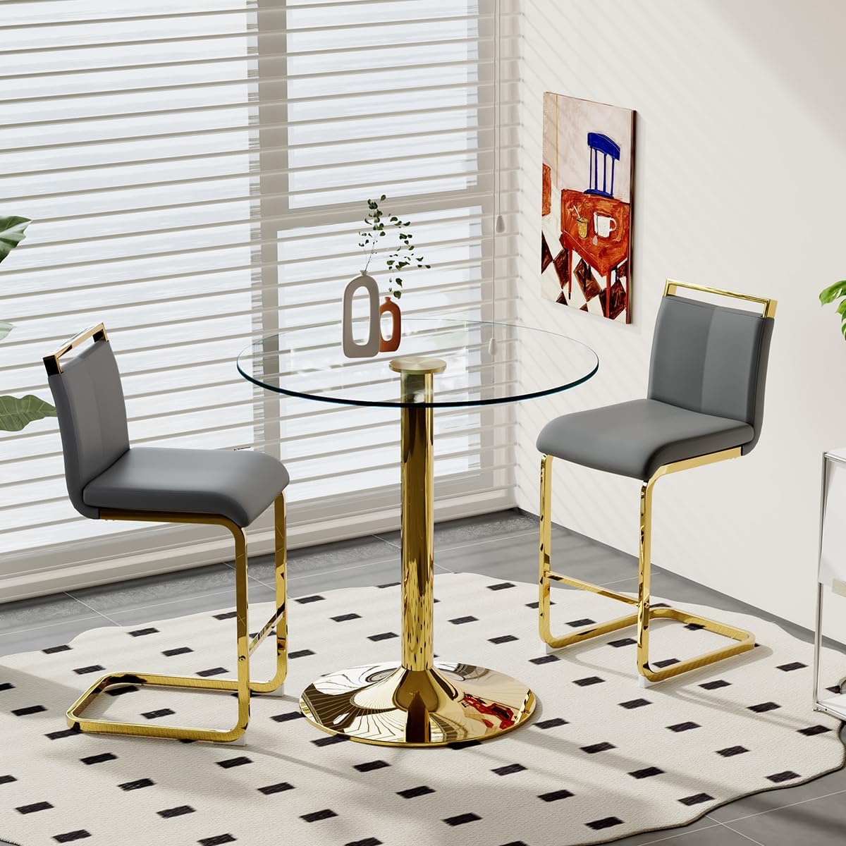 gopop Bar Table and Chairs Set of 2, Small Table and Chairs Set of 2, 35'' Counter Height Dining Table Set, Round Glass Bar Table & 2 Soft PU Barstools with Chrome Legs, for Small Space, 3 Piece DGG