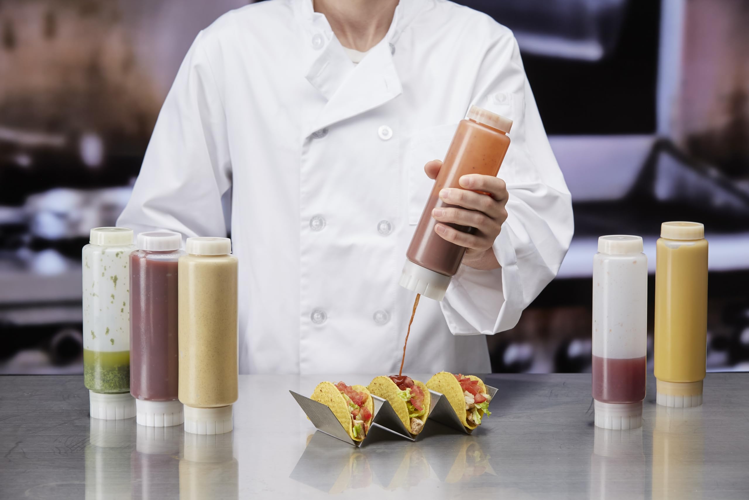 90290 - Paquete de 6 botellas de plástico rellenables de 16 onzas, aptas para todo tipo de salsas, condimentos, masa y aderezo para restaurantes, comensales y camiones de comida 7