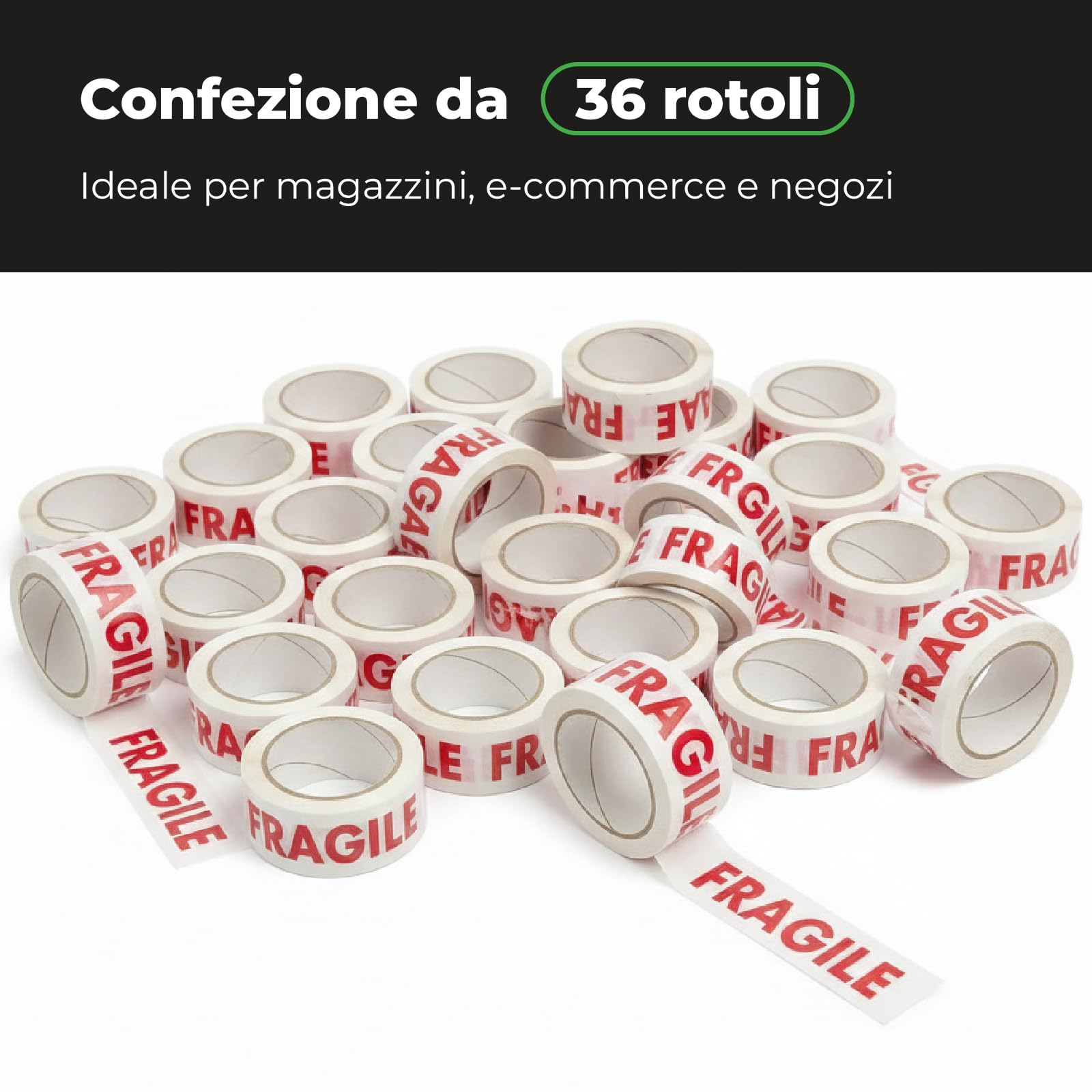 Nastro Adesivo Fragile Stampato 50 mm x 132 m - Resistente Umidità e Freddo, Srotolamento Silenzioso, per Imballaggi Delicati e Spedizioni Sicure, 36 Rotoli