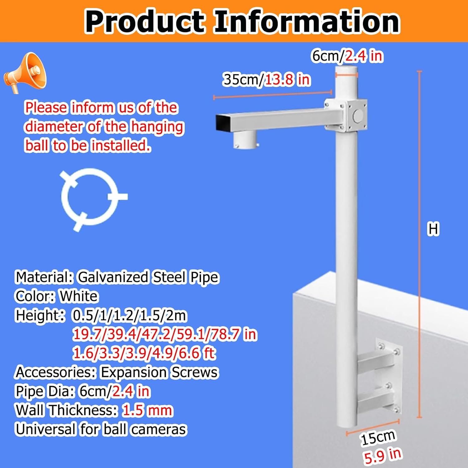 Universal White Security Camera Pole Stand Kit, 3.3ft Galvanized Steel Surveillance Bracket, Easy Install Mount for Outdoor Cameras, Durable & Weatherproof