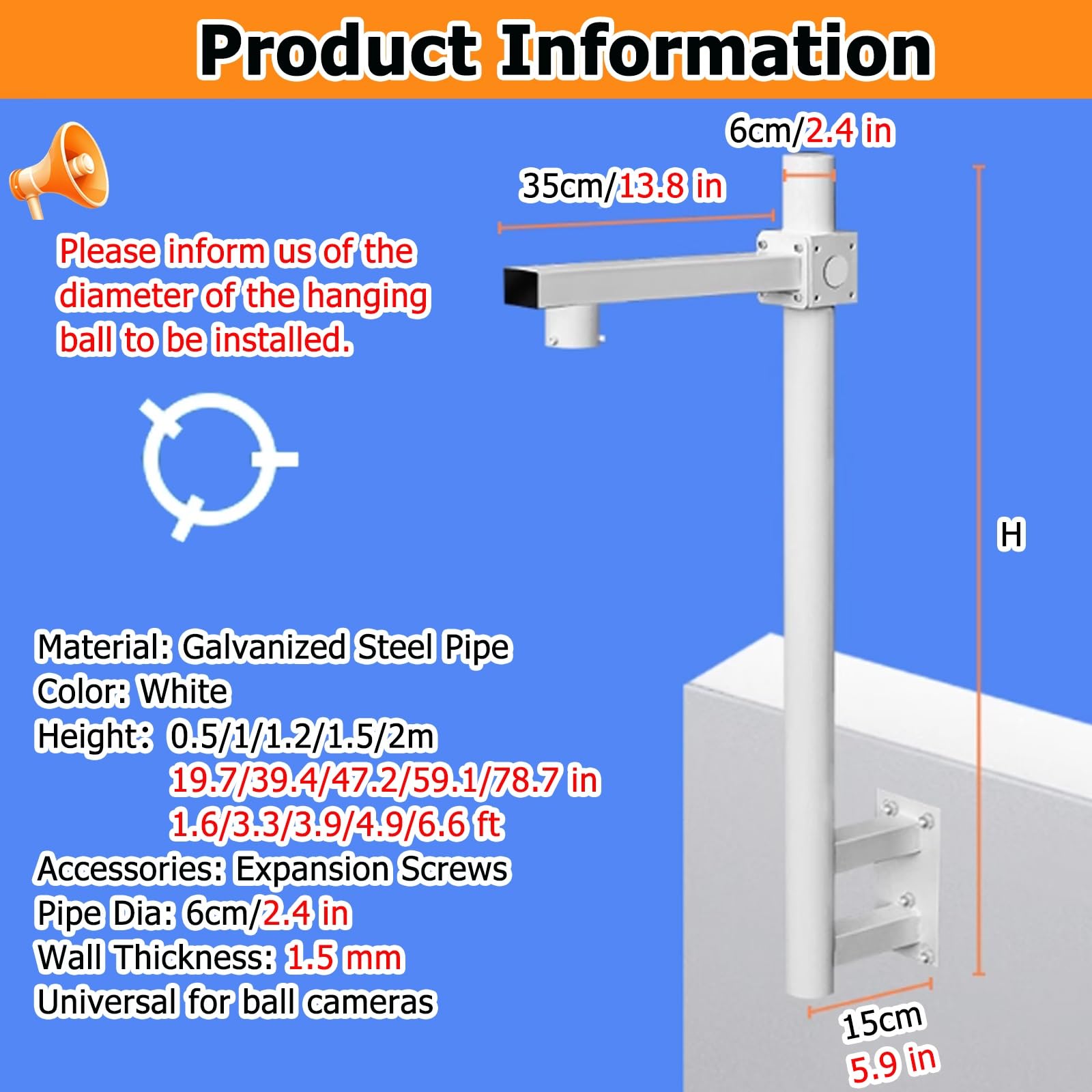 Este Kit de Soporte Universal Blanco para cámara de Seguridad Incluye un Soporte de vigilancia de fácil instalación, Tubo de Acero galvanizado de 6 cm de diámetro, Altura Ajustable de 120 cm