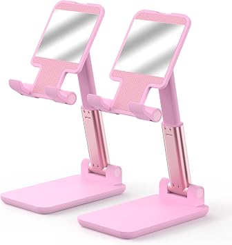 Cell Phone Stand, Adjustable Angle and Height Cell Phone Holder for Desk, Foldable and Portable, Anti-Slip Silicone Pad, Compatible with All Mobile Phones and 4-8 Inch Devices Pink&Pink
