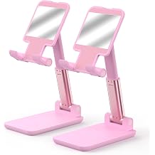 Cell Phone Stand, Adjustable Angle and Height Cell Phone Holder for Desk, Foldable and Portable, Anti-Slip Silicone Pad, Compatible with All Mobile Phones and 4-8 Inch Devices Pink&Pink