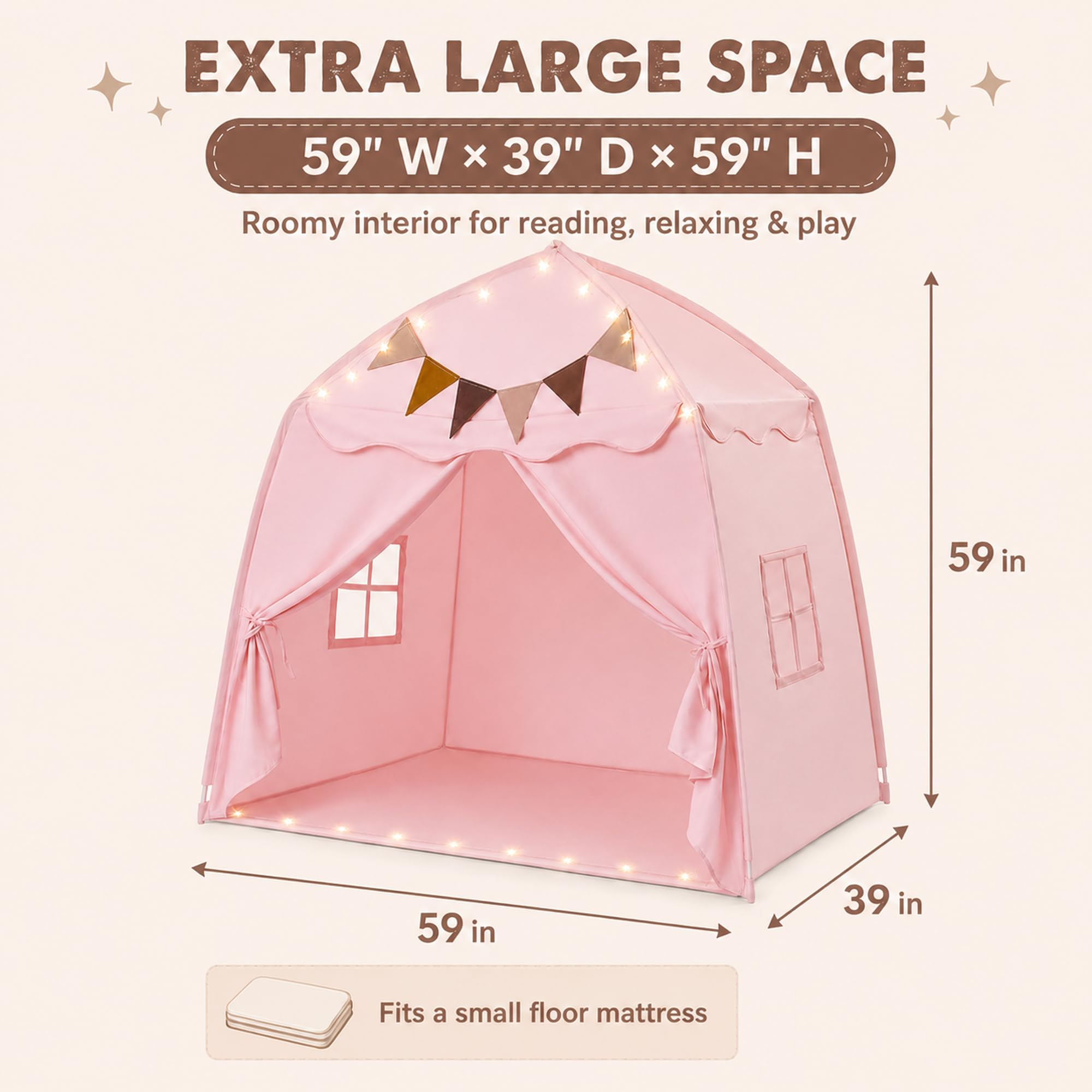 Tienda de campaña de cúpula rosa para interior y exterior, extra grande, plegable, 150 x 100 x 150 cm, tienda de campaña portátil para interior con ventanas, guirnalda de banderines y luz de estrellas