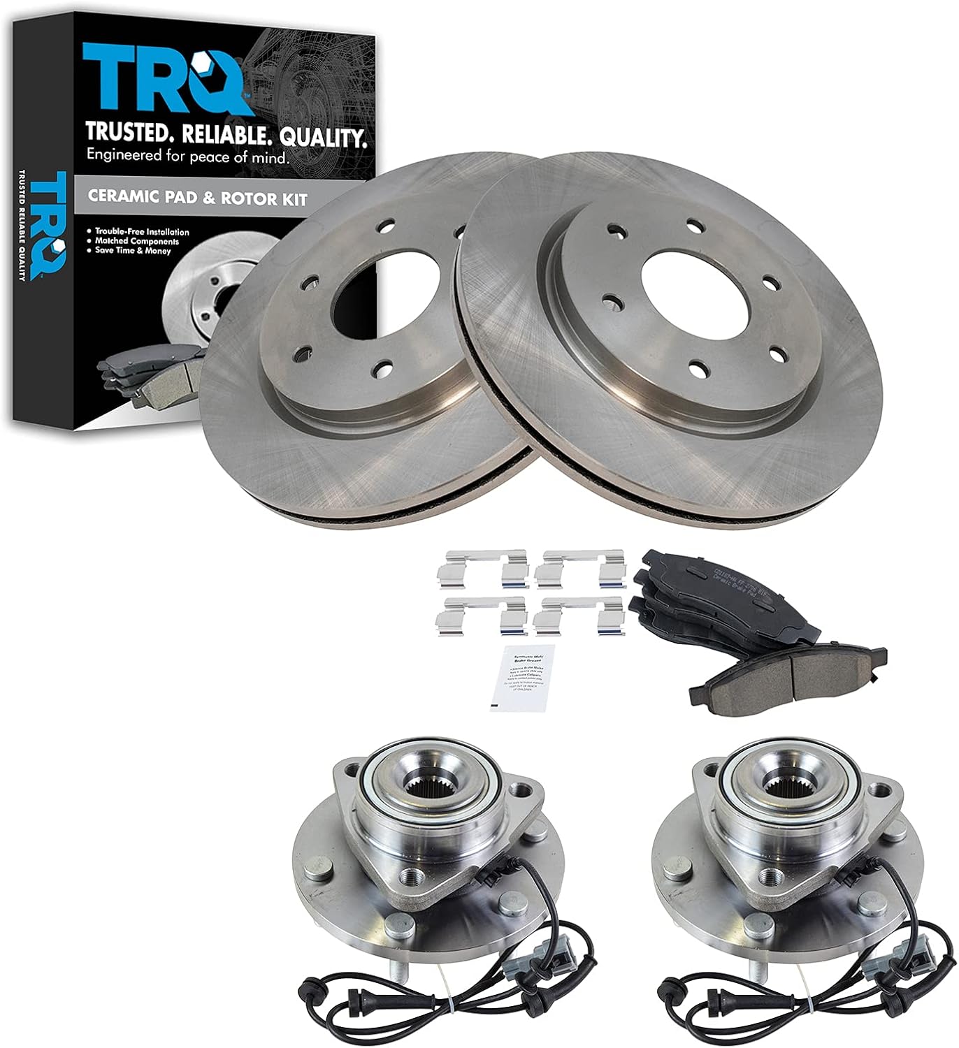 TRQ Front Brake Pad & Rotor Kit Brake Chemical Kit Brake Pads Brake Rotor Wheel Hub Bearing Assembly Ceramic Compatible with 2005-2006 INFINITI QX56 Nissan Armada 2005-2007 TITAN