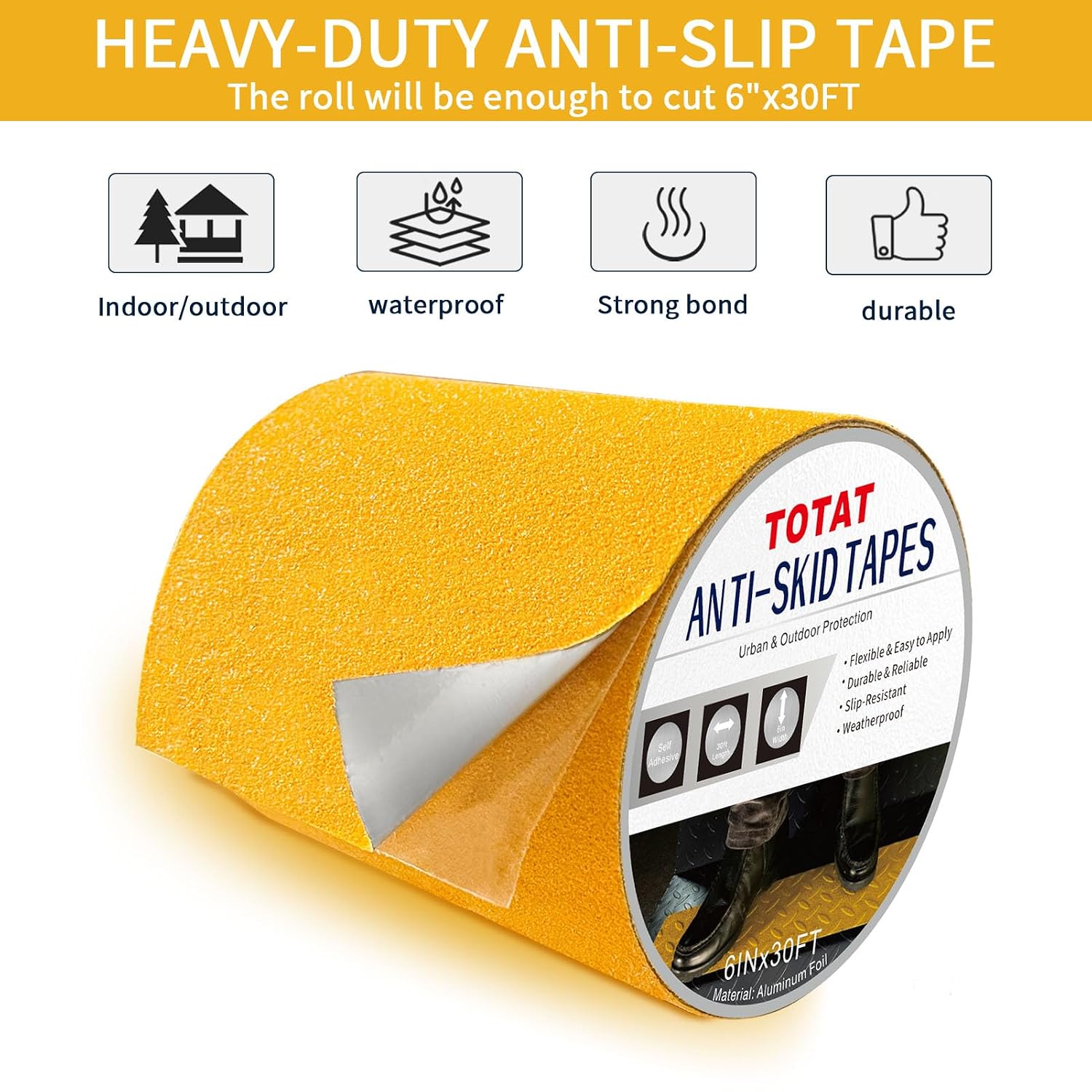 Aluminum Foil Anti Slip Tape 6" x30FT Yellow Heavy Duty Aluminum Tape for Stairs Grip, Outdoor & Indoor Safety, Waterproof Non-Slip Traction Tape for Steps, Bathroom, Pool, Walkways
