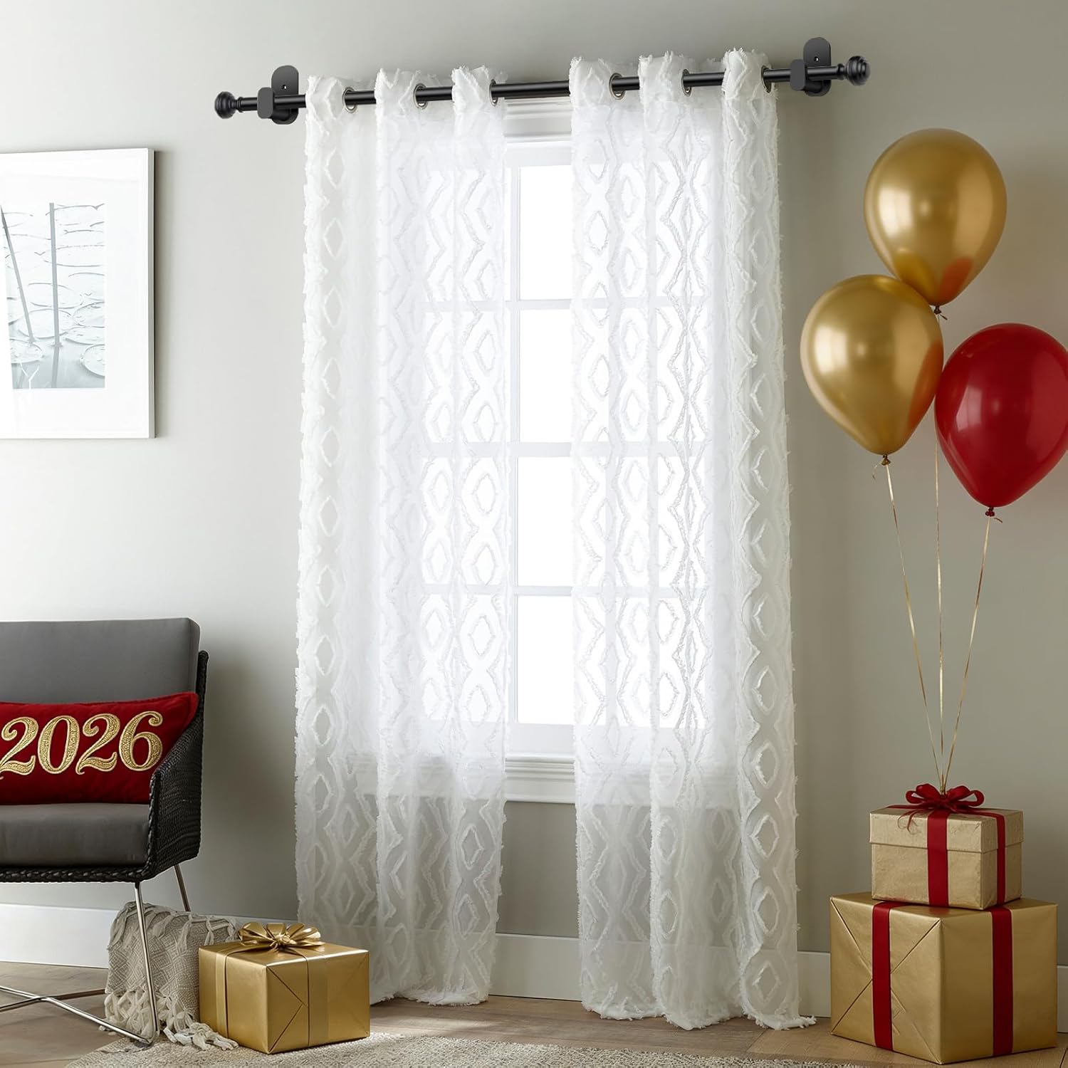 kamanina curtain rods no drilling for windows 32 to 86 inches, 5/8 inch adjustable renter friendly curain rod with 3m adhesive brackets without drilling, black black 32-86"