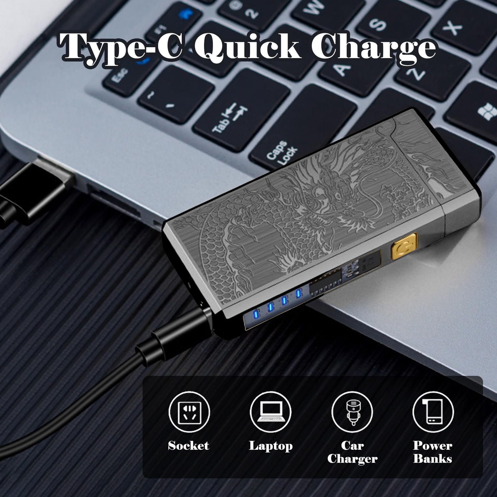 SKRFIRE Encendedor de plasma de doble arco, recargable por USB, resistente al viento y sin llama, con indicador de batería LED para camping, barbacoa, parrilla, hoguera, vela, al aire libre (dragón