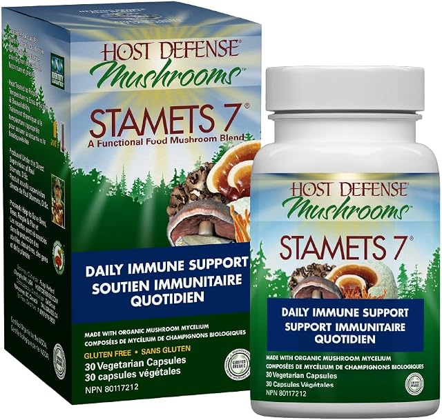 Host Defense Stamets 7 Capsules de mélange de champignons – Soutien immunitaire & Supplément antioxydant – 1,000 mg Potence, 30 Capsules végétariennes, 15 Fourniture de jour