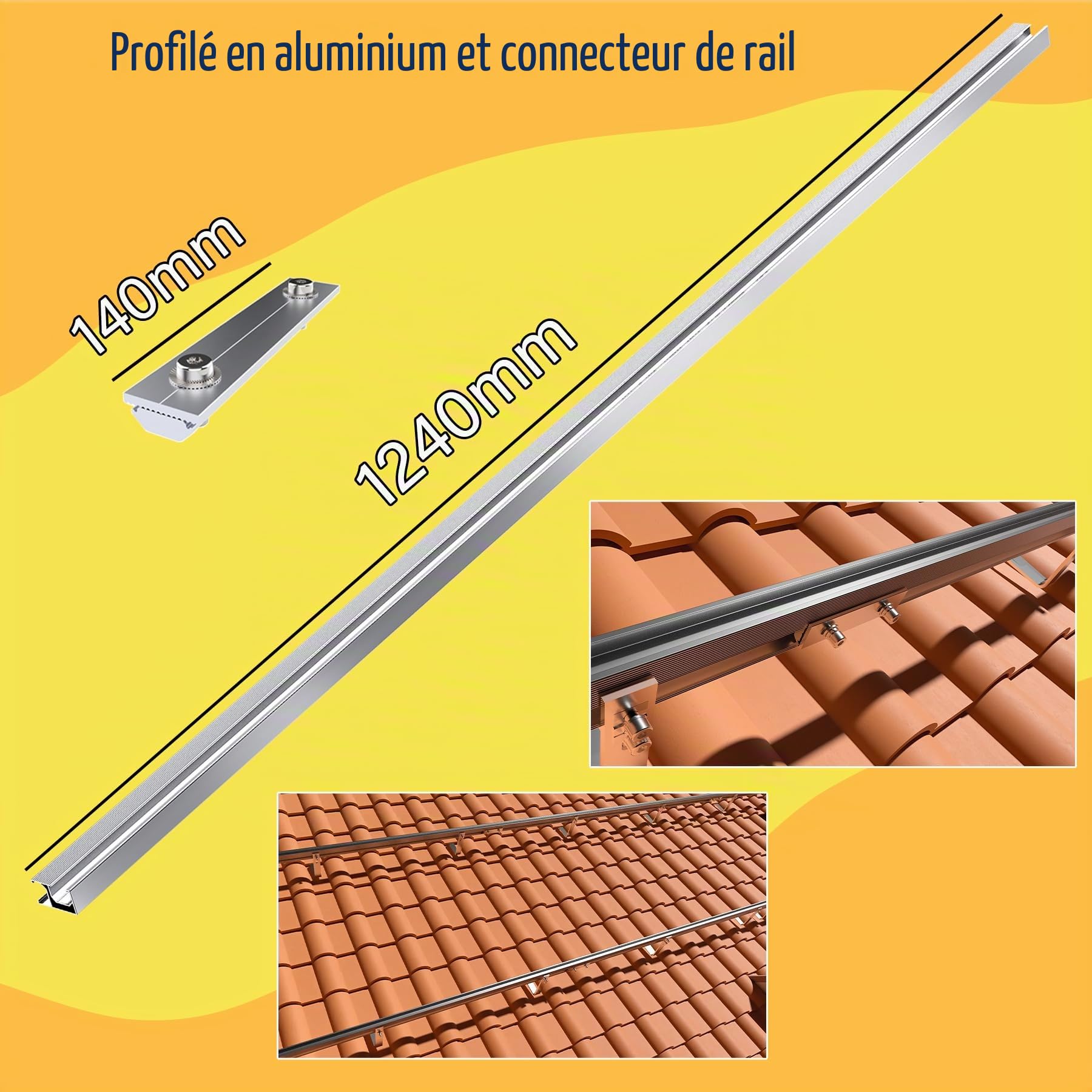 TEOV Kit de montage PV toit en tuiles avec rail de montage de 1240 mm et crochet de toit, support de panneau solaire avec pince d'extrémité et pince centrale de 40 mm, pour 3 panneaux solaires