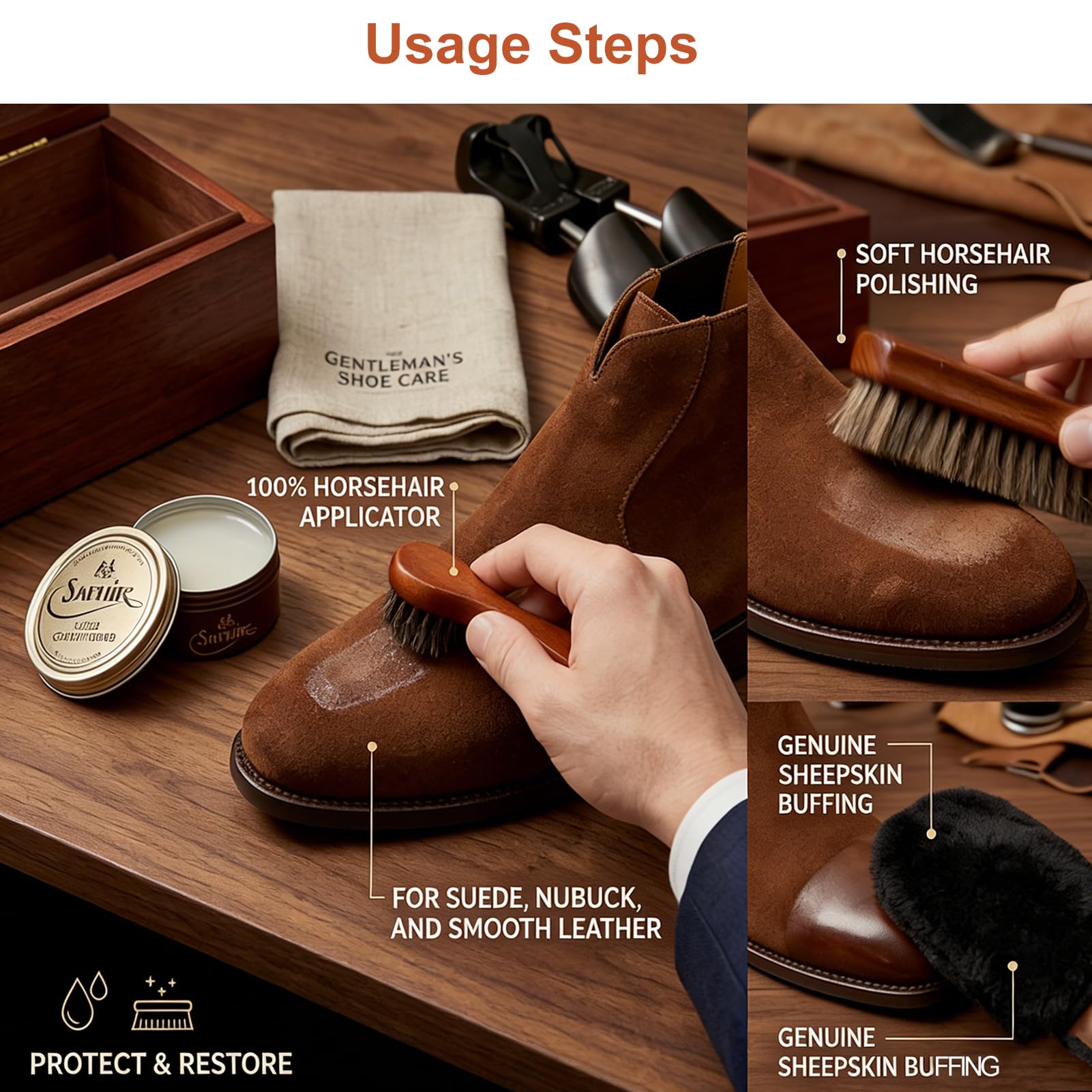 Kit Cuidado del Cuero 3 Piezas - Cepillos de Crin de Caballo Natural y Guante de Pulido - Set de Limpieza y Brillo para Zapatos, Botas, Bolsos y Asientos de Coche