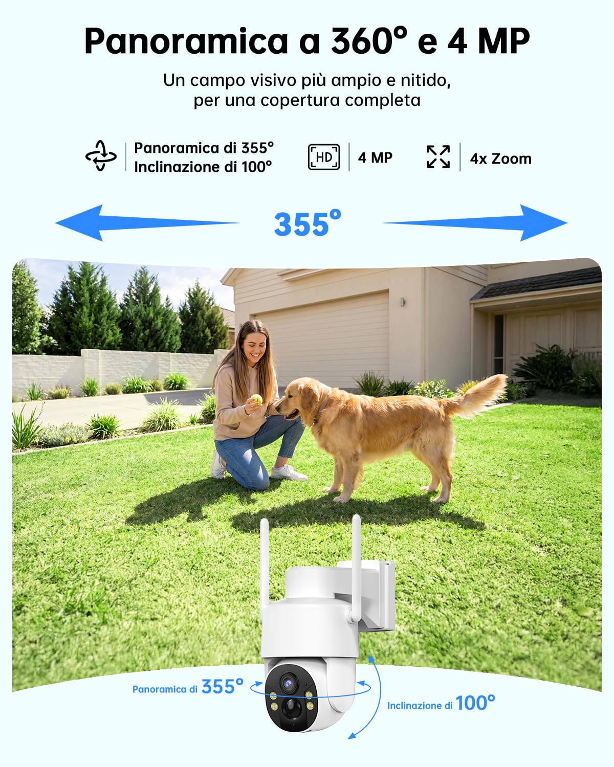 Tical 24/7 Registrazione AOV 4G Telecamera Esterno con SIM, 2.5K/4MP HD | Telecamera Solare con Batteria 9000mAh Pannello Solare, AI Rilevamento Umano, 360° PTZ Visione Notturna a Colori, IP65,Bianco